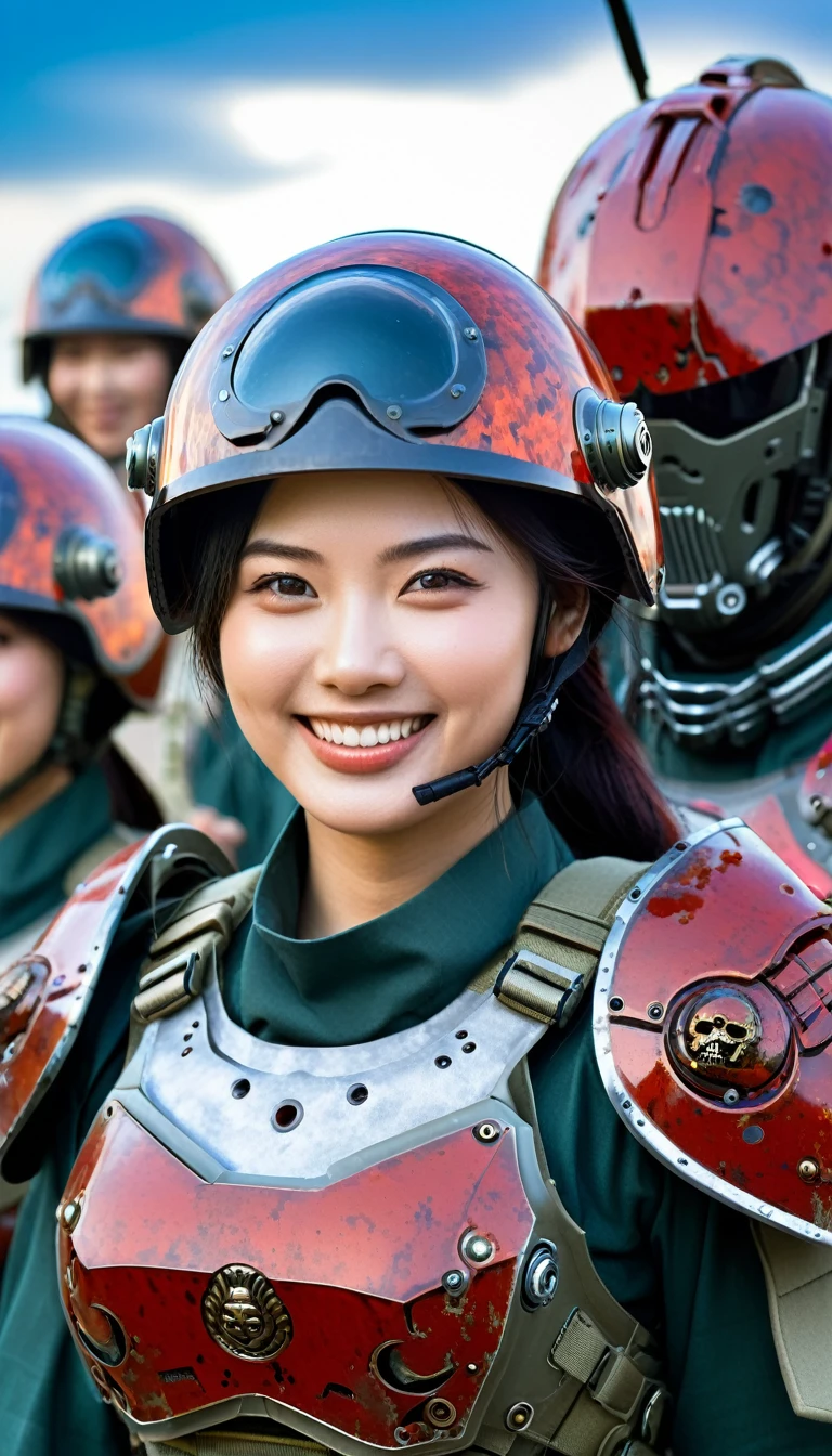 Close-up of a beautiful asian girl soldier, half human, half machine, their faces partially obscured by military helmets. Their eyes are filled with hapiness and longing. The background is a trail of blood and violence. She wears a mechanized robot armor, carved with animal elements, human skulls. The sky is filled with swirling, fiery clouds. The photo conveys a strong sense of the warrior's appearance, ((smiling))
