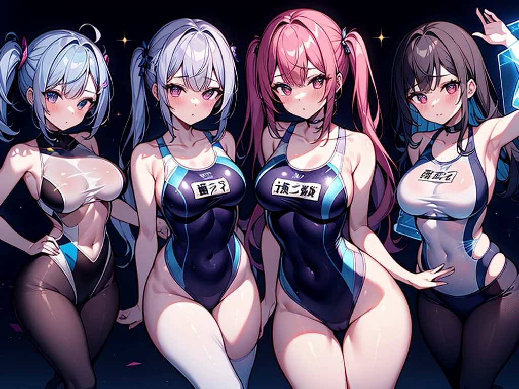 swimsuit 3girls, cyber world, hologram,　School swimsuit, cyber world, Hologram, SF, gleaming, glamourous, glossy skin