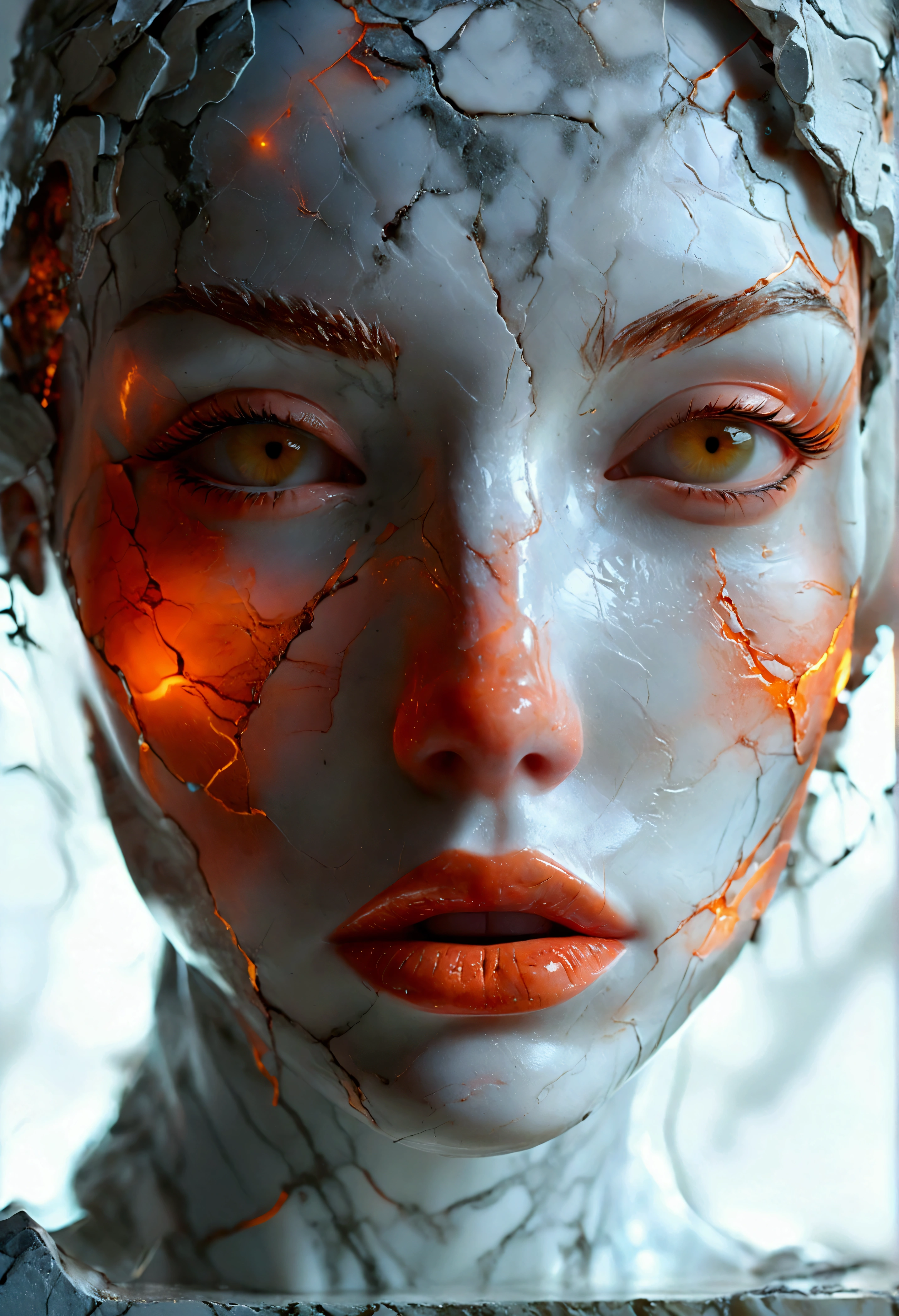 "Closeup of a female head (face) sculpted in extra polished and reflectant white marble, with numerous cracks that reveal a lava(radioactive/neon glow)/porcelain interior, ((closed eyes:1.1), long copper wired eyelashes, gemstone lips slightly parted, soft lighting that highlights textures (photo studio lighting/HDRI lighting same as Cinema4D), hyperrealistic style, focus on details, dark blurred background".