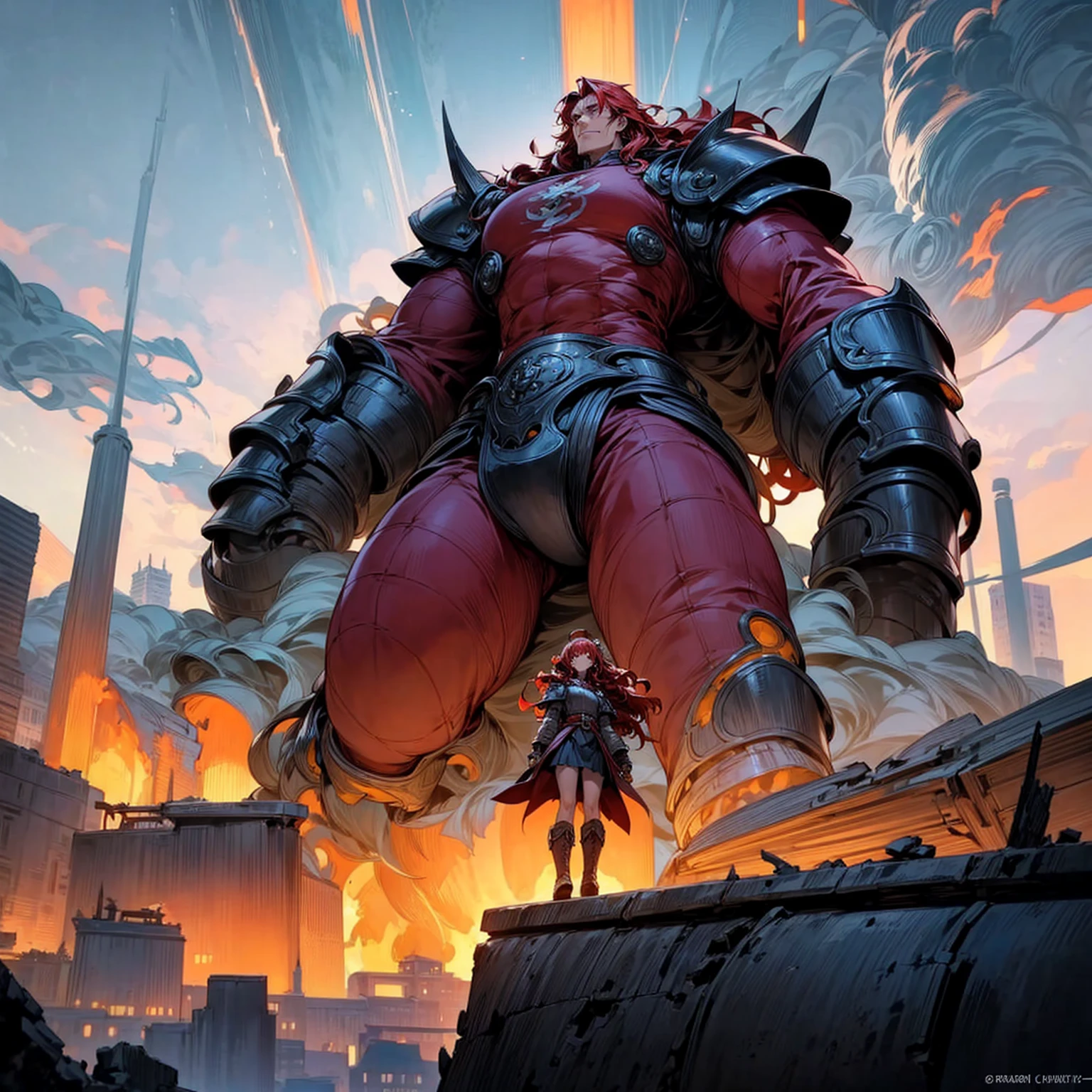 view of the royal city with a giant in the middle, giant in the middle of the city, destroyed city, fire city, The giant had long curly red hair, was wearing iron armor and boots, Very angry giant, very tall, 100 feet tall, (one piece style art), ultra detailed, hd, motion blur, lighting