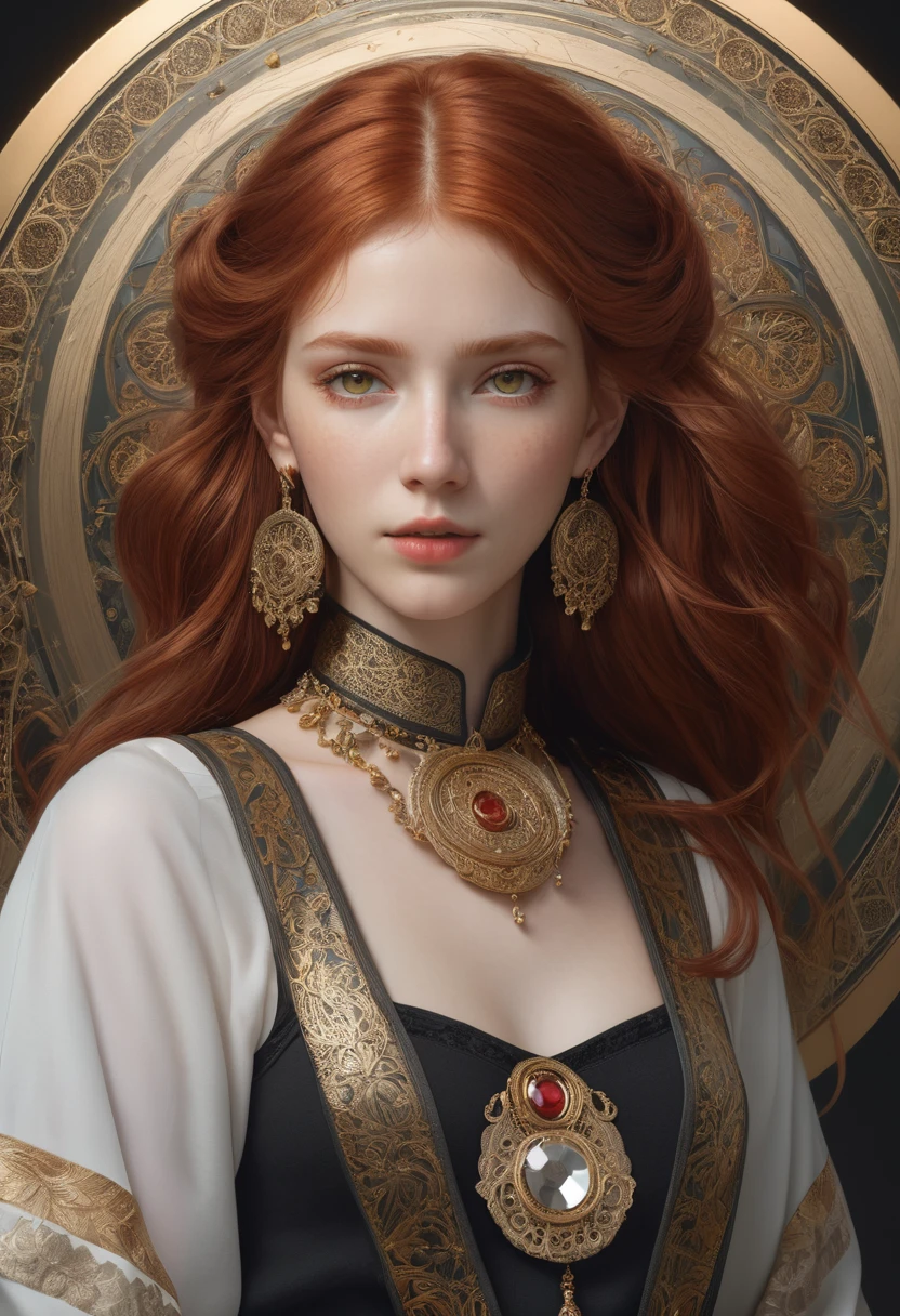 (8k 16k, raw photo, Best Quality, maestro:1.2), (realist, photo-realist:1.37), ultra detailed, 1 girl,Alone, Upper part of the body, Red hair, big golden eyes, realist, looking at the viewer, feliz, smile, maestropiece, realist photography, by Alphonse Mucha, by Wlop, ), (Exaggerated perspectives), f/ 2.8, (surreal style), visionary art, (trend in artstation) intricate outfit, intricate jewelry, collar, large earrings, full body, victorian boots,