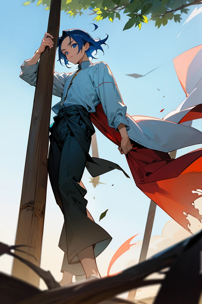 Anime 2D, Anime character, masculine, hair color duron belize, pure eyes, lightblue eyes, serious eyes, blue scar on right forehead, thin cloak, leaves on the body, wooden pole in the back, men's black baggy trousers ripped at the knee