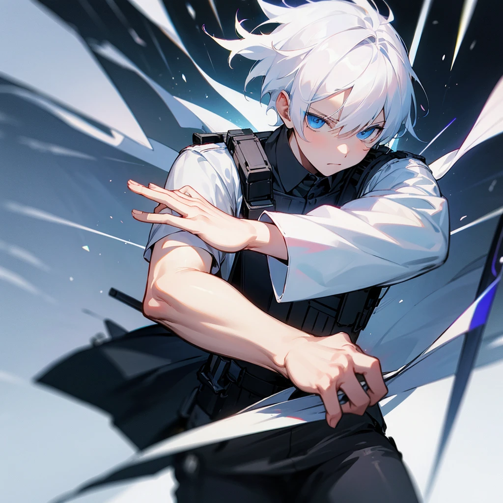White hair-blue eyes boy, carrying out evasive maneuvers against armed man