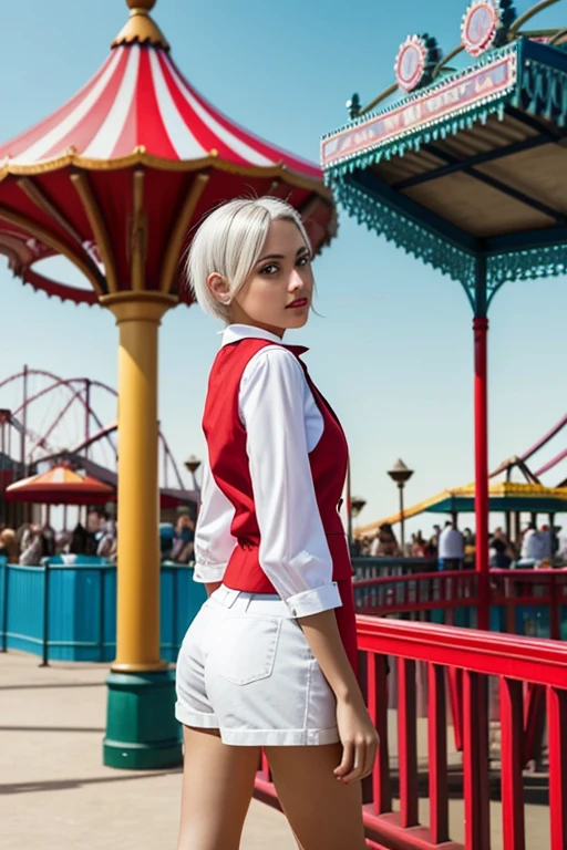 (Masterpiece artwork, best qualityer:1.2), standing alone, a girl, colette, sharped teeth, \:d, Amusement park background, white hair, Shirt with two-tone collar, red vest, sleeves Back wrists, rug, Back, Show your ass