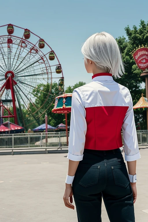 (Masterpiece artwork, best qualityer:1.2), standing alone, a girl, colette, sharped teeth, \:d, Amusement park background, white hair, Shirt with two-tone collar, red vest, sleeves Back wrists, rug, Back, Show your ass