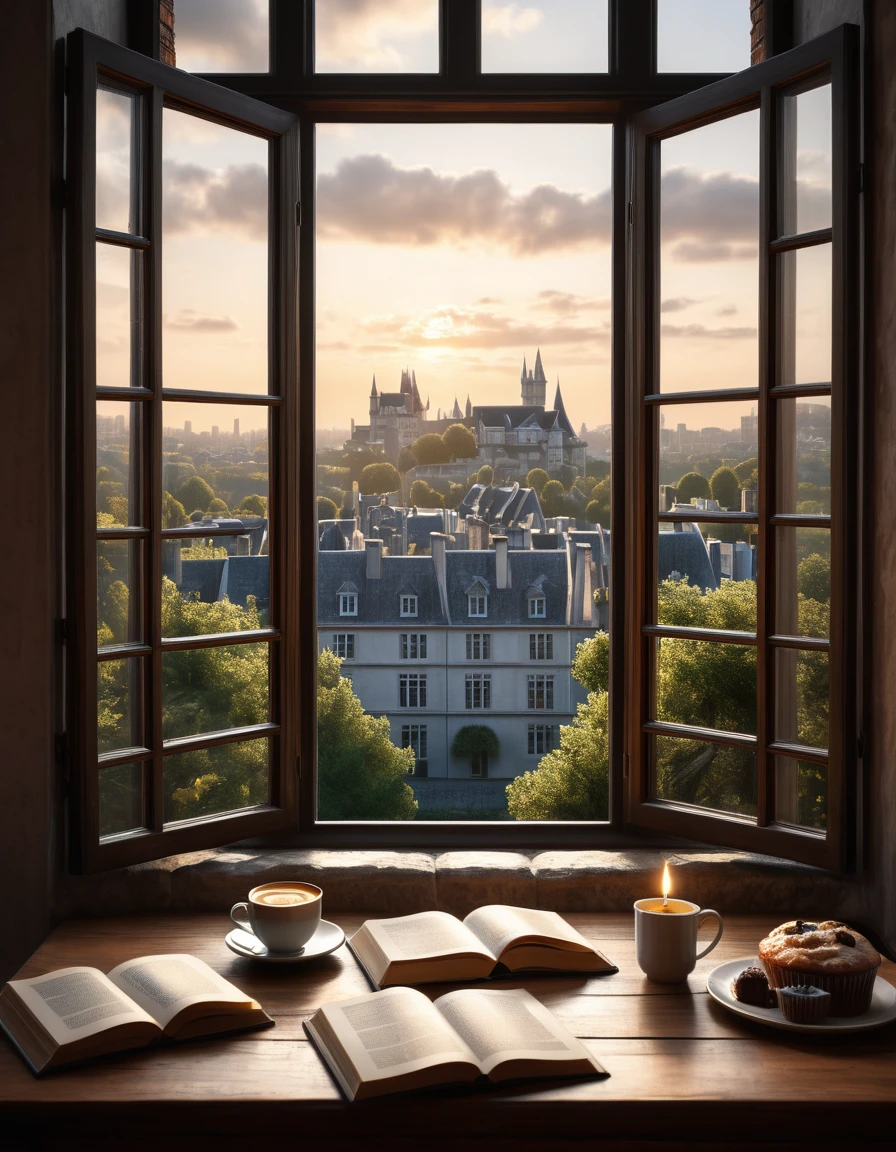 The image captures a serene moment in a room with a large attic window that offers a breathtaking view of a close cityscape below. The tall old window frames a picturesque view of a manor building nestled amidst an urban landscape. The city below is a maze of streets and buildings, their details softened by the distance.In the foreground, a table is set with a candle casting a warm glow, a book lying open, and a cup of coffee and 2 muffins, inviting one to sit and lose oneself in the view. The overall atmosphere is one of tranquility and beauty, a snapshot of a quiet moment in a bustling city. Precise proportions, perfect composition, hyperrealistic, hyper-maximalism, insanely detailed, sharp focus, Unreal Engine, octane render, hdr, 32k