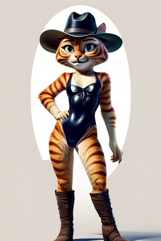 Puss in Boots, DreamWorks Animated, Leotard,((Wearing a fedora hat with a yellow feather)), 3:1 Hip to leg ratio