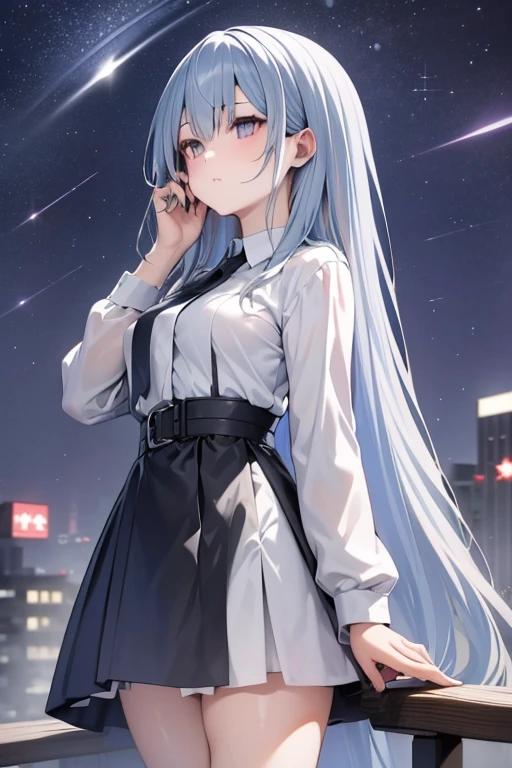 The background is the city, perfect Gray-haired girl, , Gray-haired, Gray-haired god, Cute anime waifu in beautiful clothes, Gray-haired, Best anime 4k konachan wallpaper, ??????????? , Pixiv ArtStation の guvez, Gray-haired girl, Nightcore, Standing on a tree, Look up at the stars, The face is very detailed