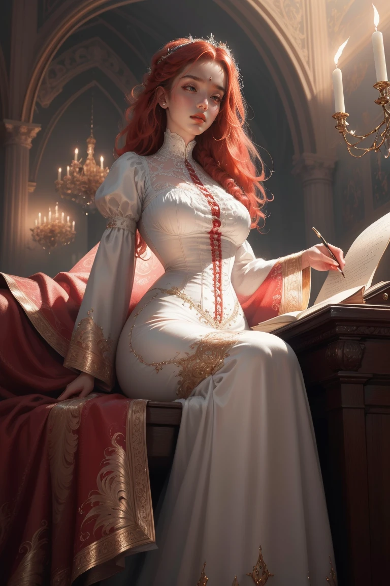 { - anatomy error}(Masterpiece - Ultra-detailed, very high resolution) Prepare to be enchanted by a true masterpiece that combines ultra-detailed art with high-resolution rendering. This work depicts a mesmerizing woman with long red hair (1.3) and captivating gray eyes (1.2), emanating an aura of elegance and mystery in Victorian environments. Intricate details and realistic textures invite you to explore every aspect of this enchanting composition.. Woman wearing a beautiful classic Victorian costume from the year 1878. Red lips. happy face. smiling. white gown. going, writing, lying down, standing, on your back, dynamic poses. Get ready to dive into a world where beauty and craftsmanship merge perfectly.