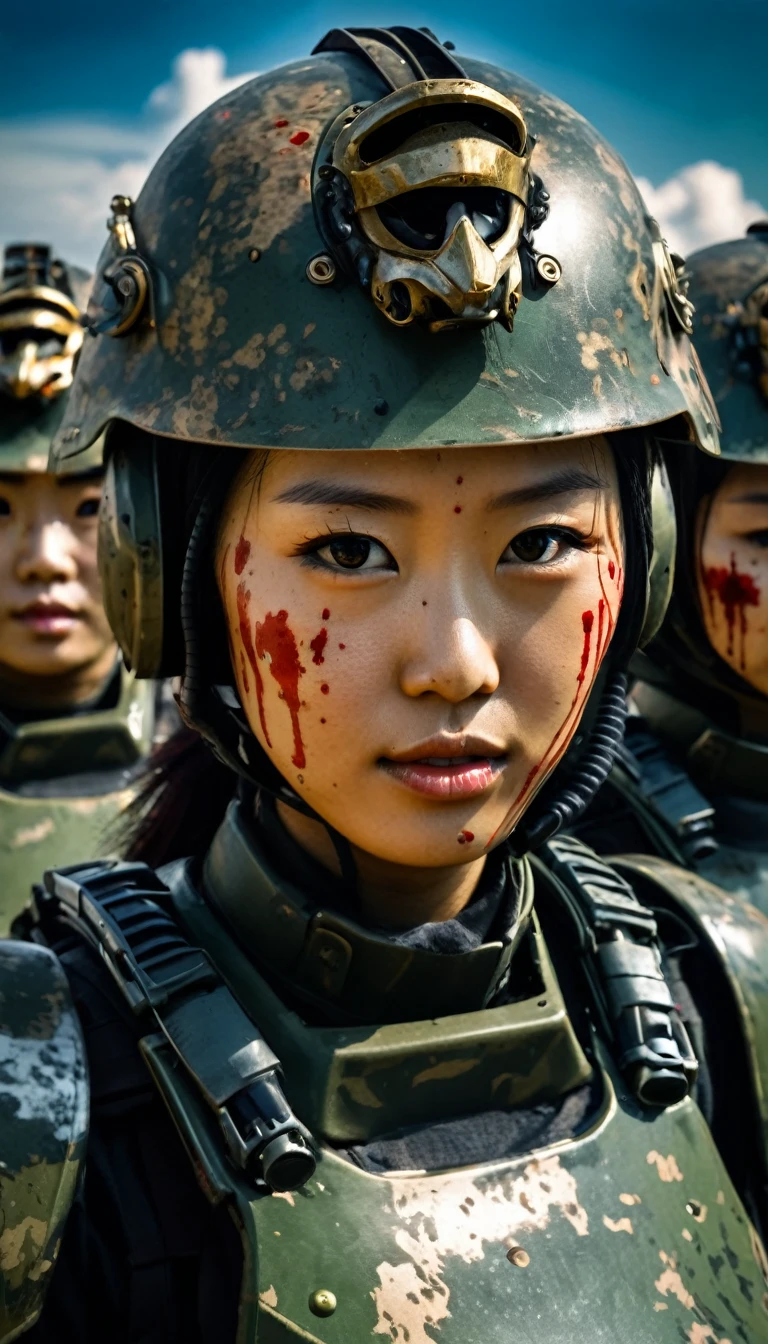Close-up of a beautiful asian female soldier, half human, half machine, their faces partially obscured by military helmets. Their eyes are filled with hapiness and longing. The background is a trail of blood and violence. She wears a mechanized robot armor, carved with animal elements, human skulls. The sky is filled with swirling, fiery clouds. The photo conveys a strong sense of the warrior's appearance