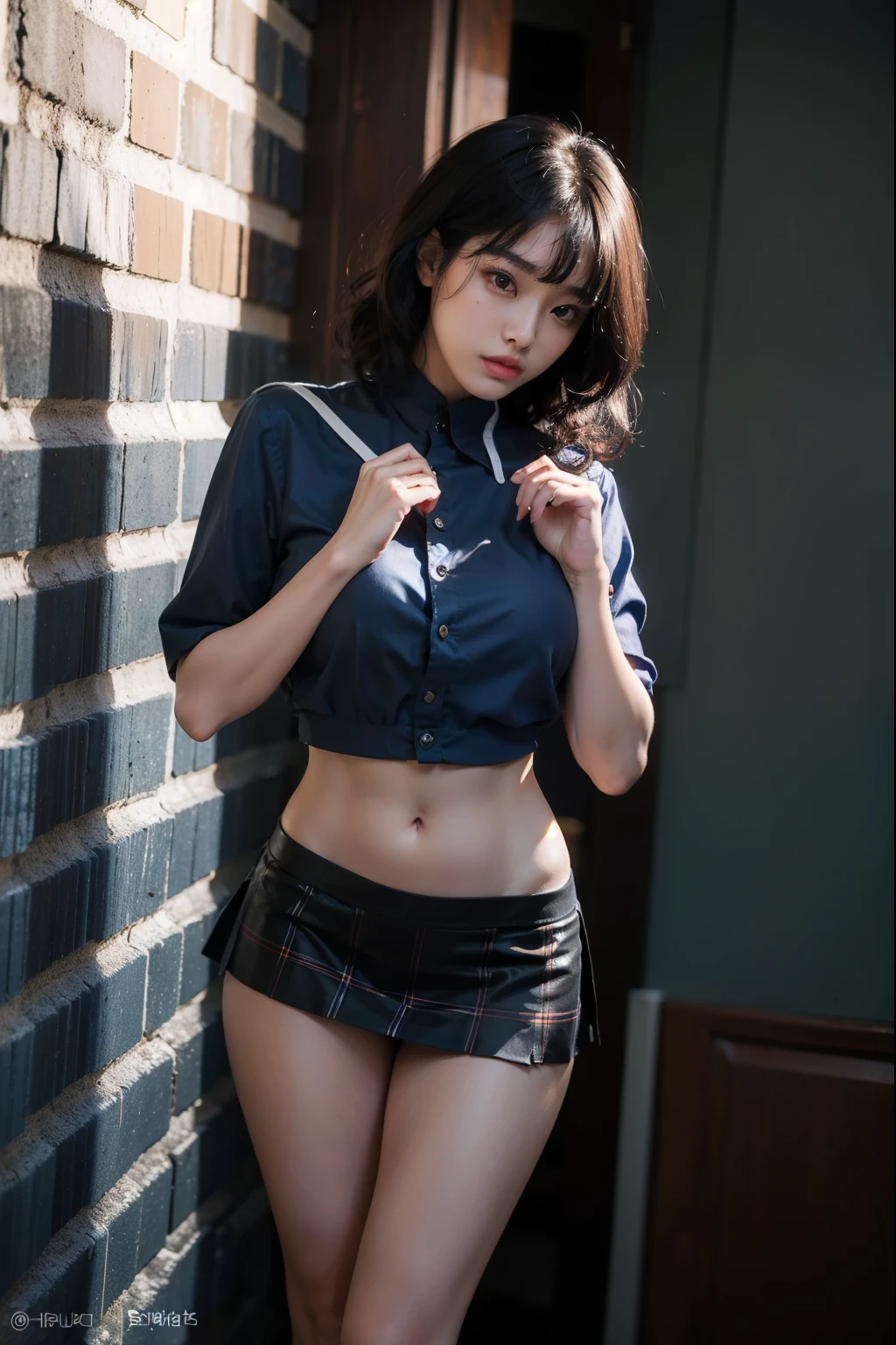 arafed asian woman wearing a tiny micro skirt posing for a picture, photo of slim girl model, sultry body, 2 4 year old female model, ((huge breasts|blue shirt)), ((tiny micro skirt)), beautiful alluring teen, model with attractive body, gorgeous young korean woman, gorgeous young model, young sensual graceful, gorgeous chinese model, ((curly bangs)), ((very dark short hair)), ((black hair in a rough shag)), wavy hair, (masterpiece:1.3), high resolution