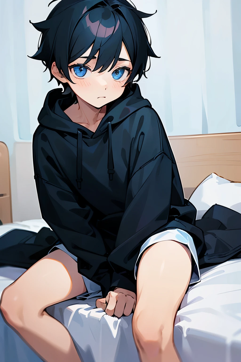 boy, cute, , juvenile, tired eyes, black hair, black hoodie, bright blue eyes, sitting on bed