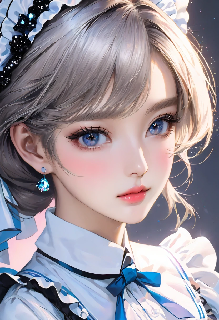 Close-up of a beautiful girl in a maid outfit Korean glitter eye makeup Mature and beautiful Masterpiece