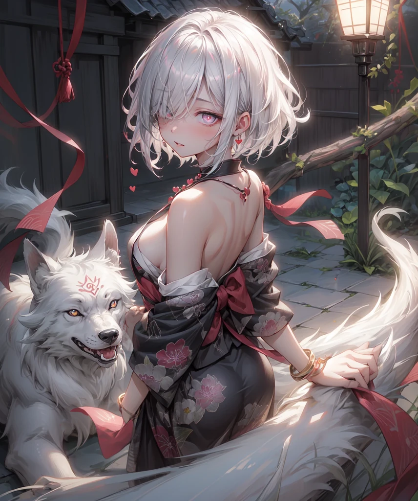 (Highest quality、High resolution、8k、masterpiece)。古き時代を感じるEdo Periodの和室。View of the garden。Look away、Open your mouth、Pink Eyes、Silver Hair、Heart shaped pupil、teeth、tongue、tongueを出す、（Original Character, (1 Girl)、Perfect Face、((short hair:1.2))、(Hair above one eye:1.3)、[[Disheveled Hair]]、Detailed eyes that shine、Light and shadow、 ((High angle shot))、Full body、bracelet、necklace、Disheveled clothes、Follow the Silver Wolf、Edo Period、kimono、turn around。Show your back。Back view。Put your hands behind your back。
