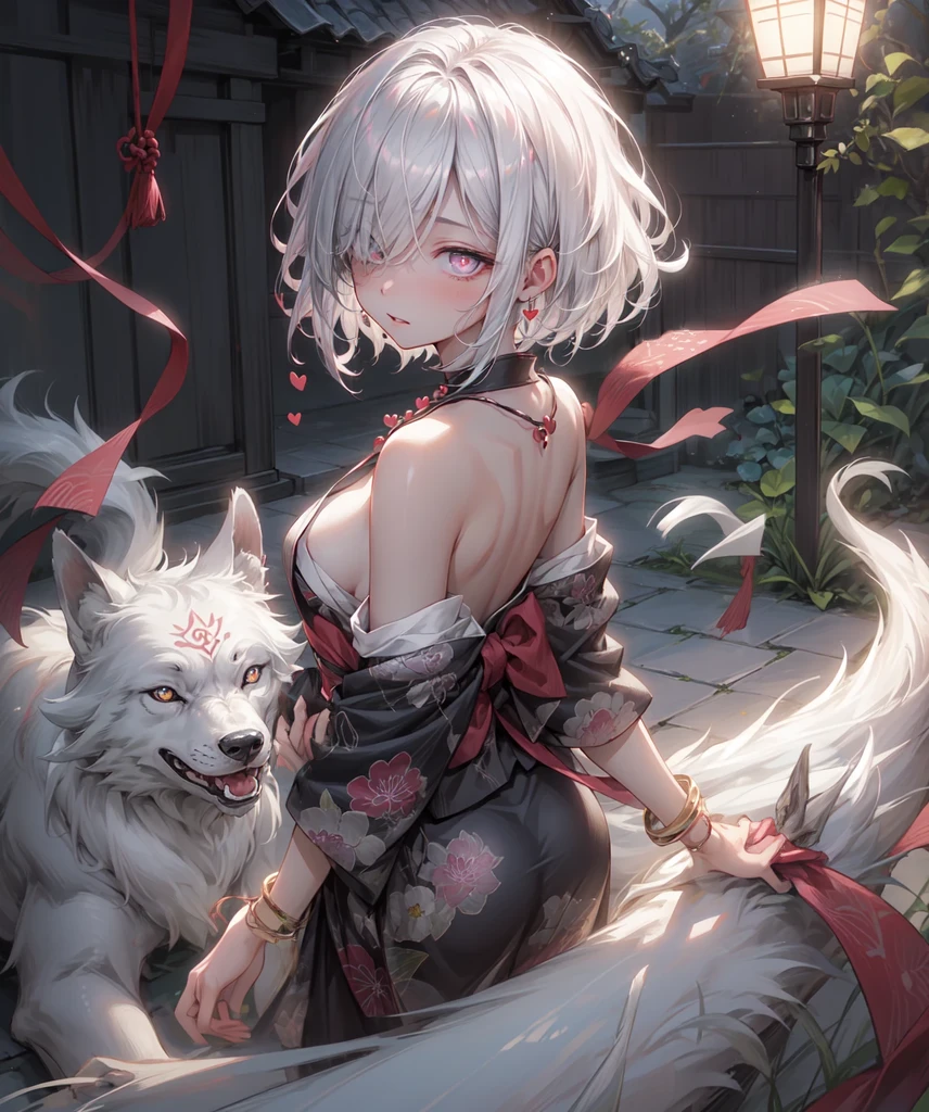 (Highest quality、High resolution、8k、masterpiece)。古き時代を感じるEdo Periodの和室。View of the garden。Look away、Open your mouth、Pink Eyes、Silver Hair、Heart shaped pupil、teeth、tongue、tongueを出す、（Original Character, (1 Girl)、Perfect Face、((short hair:1.2))、(Hair above one eye:1.3)、[[Disheveled Hair]]、Detailed eyes that shine、Light and shadow、 ((High angle shot))、Full body、bracelet、necklace、Disheveled clothes、Follow the Silver Wolf、Edo Period、kimono、turn around。Show your back。Back view。Put your hands behind your back。