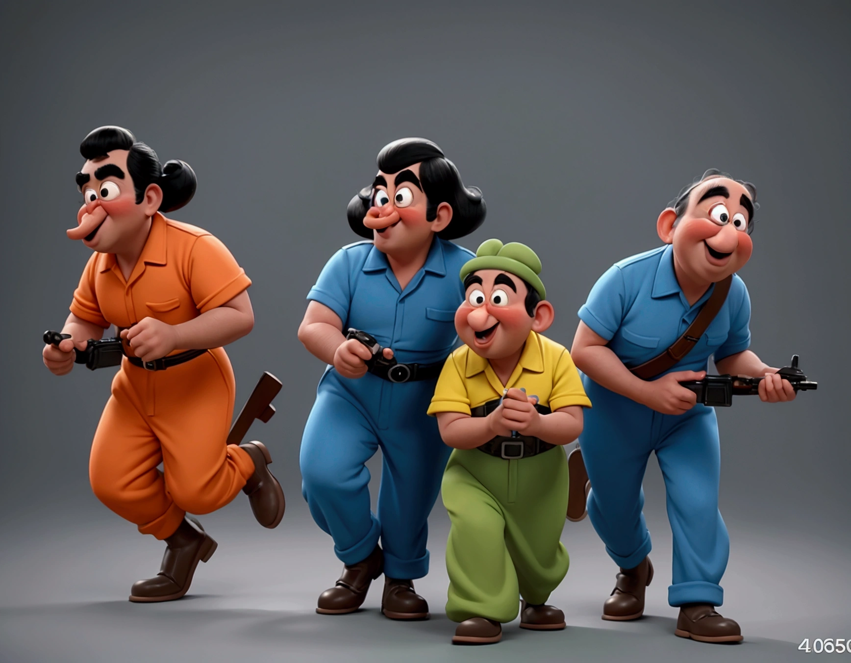 a 60s style american cartoon, 3 stooges moe, larry, and curly in chef outfits, running from looney tunes marvin the martian holding a ray gun, in a huge martian base, hyperrealistic, highly detailed, 8k, (best quality,4k,8k,highres,masterpiece:1.2),ultra-detailed,(realistic,photorealistic,photo-realistic:1.37),vivid colors,studio lighting,extremely detailed characters,physically-based rendering