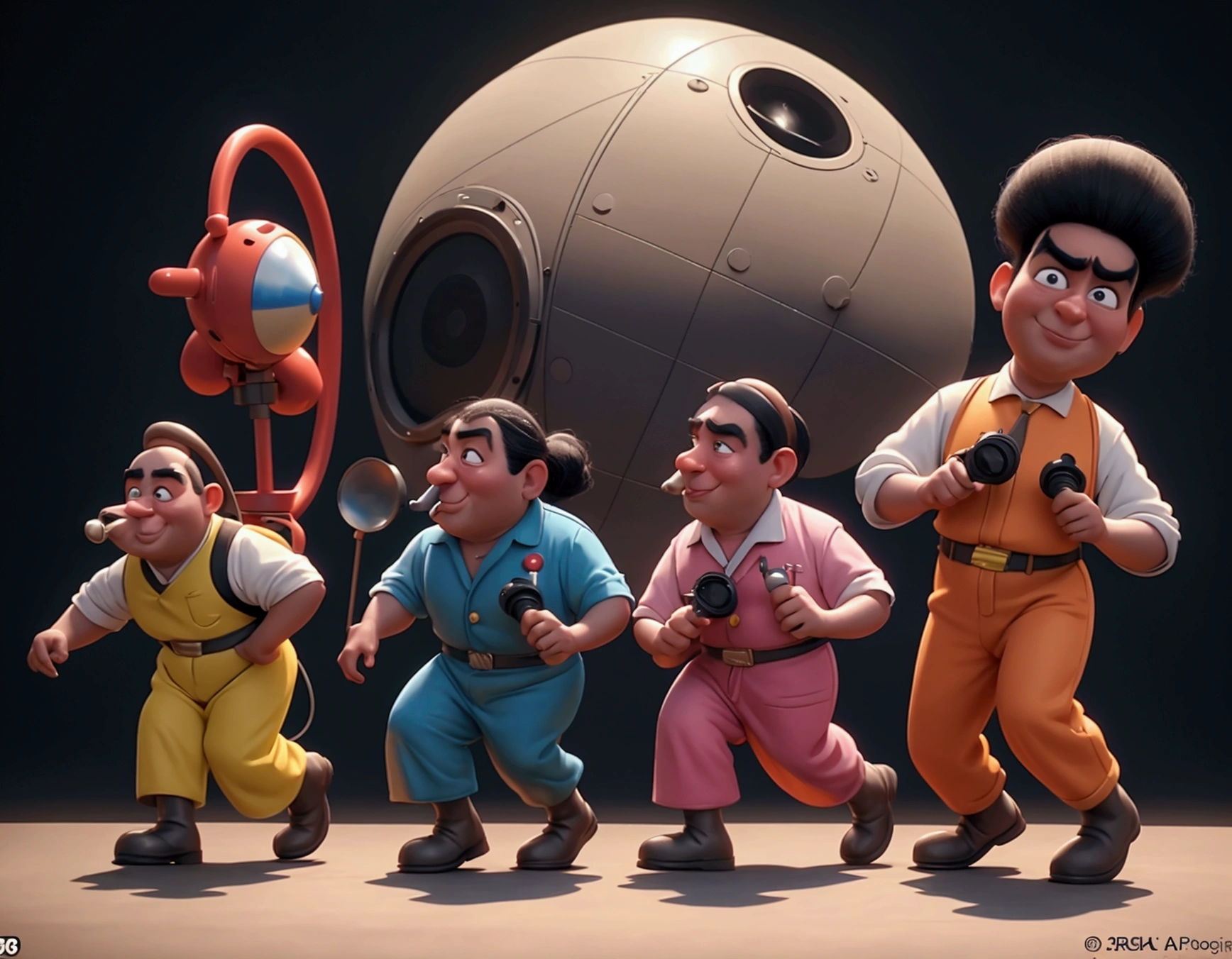 a 60s style american cartoon, 3 stooges moe, larry, and curly in chef outfits, running from looney tunes marvin the martian holding a ray gun, in a huge martian base, hyperrealistic, highly detailed, 8k, (best quality,4k,8k,highres,masterpiece:1.2),ultra-detailed,(realistic,photorealistic,photo-realistic:1.37),vivid colors,studio lighting,extremely detailed characters,physically-based rendering