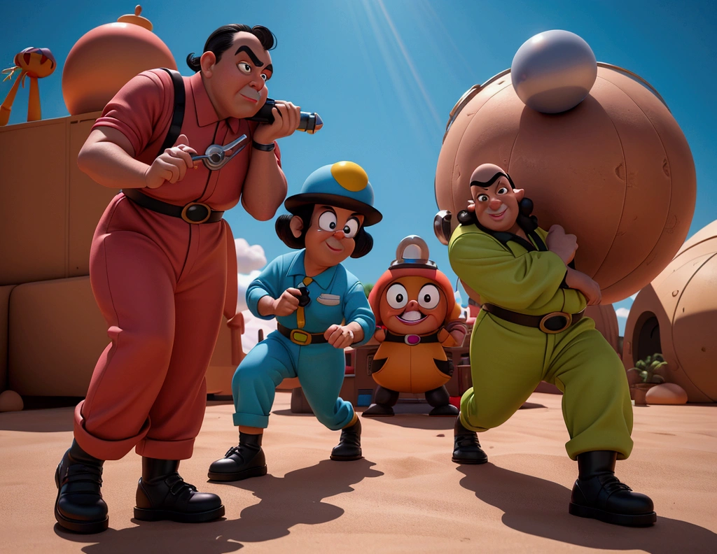 a 60s style american cartoon, 3 stooges moe, larry, and curly in chef outfits, running from looney tunes marvin the martian holding a ray gun, in a huge martian base, hyperrealistic, highly detailed, 8k, (best quality,4k,8k,highres,masterpiece:1.2),ultra-detailed,(realistic,photorealistic,photo-realistic:1.37),vivid colors,studio lighting,extremely detailed characters,physically-based rendering