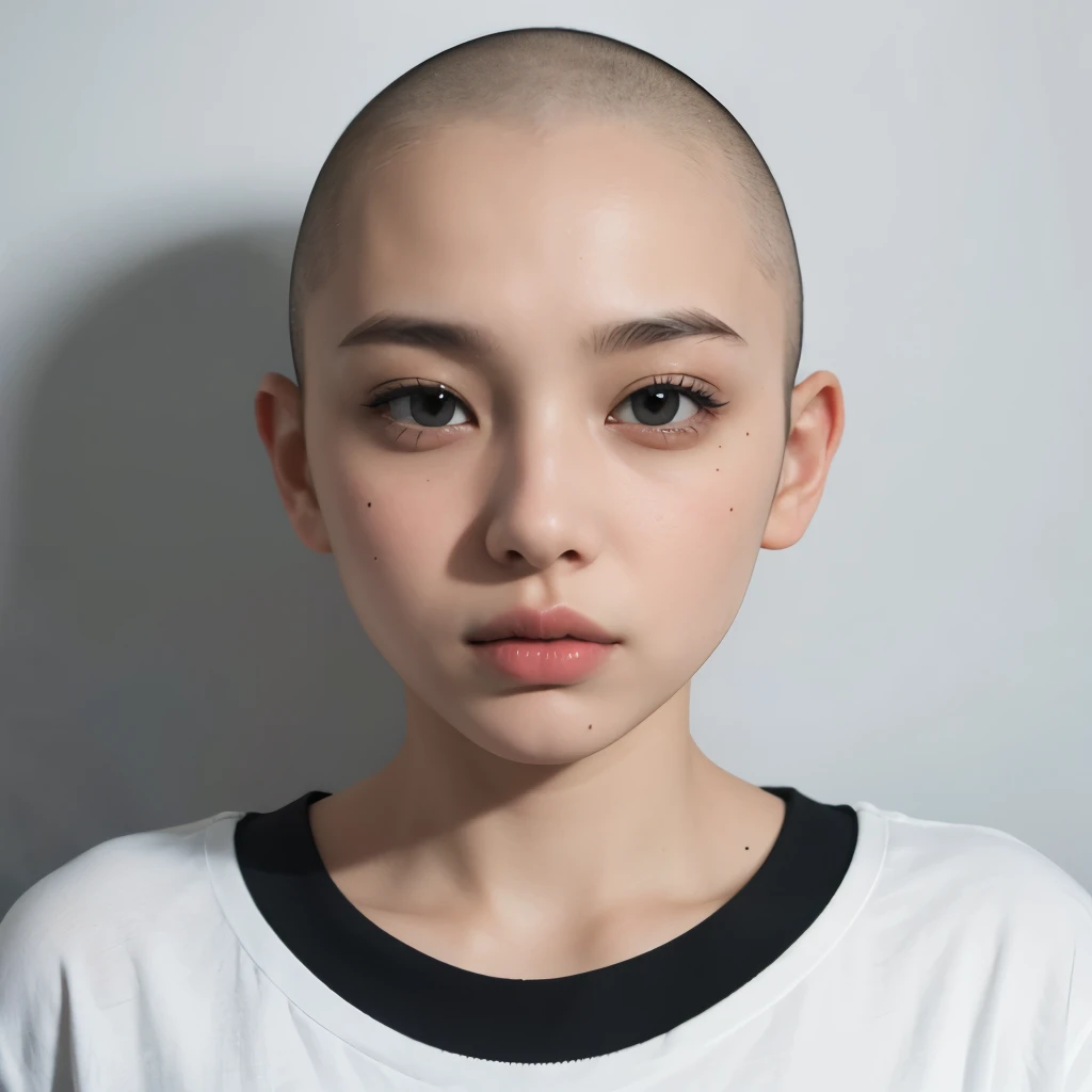 Skinhead Women、Face close-up、Straight front view、(ID photo)、T-Shirts、(The background is pure white)