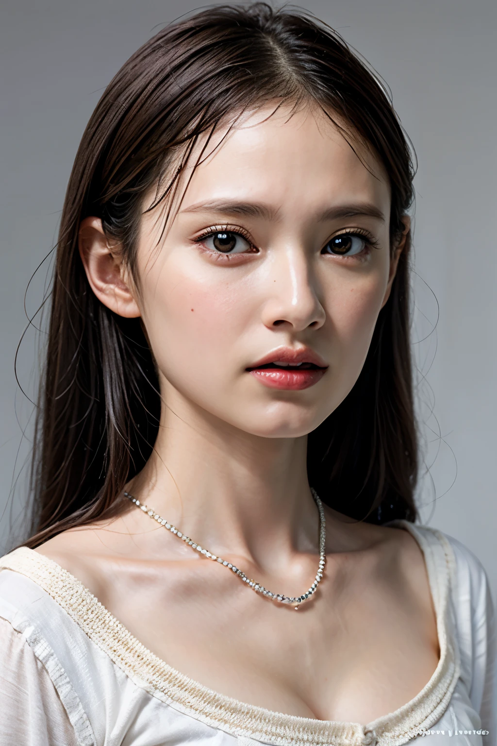 (nsfw:-2),realistic, photo-realistic, best quality, masterpiece, RAW photo, high resolution, intricate details, extremely detailed, realistic and sharp details, (portrait, face focus, frontal photography), solo, a Japanese woman, detailed face, detailed eyes, beautiful pupils, sophisticated nose, pale skin, fine-textured skin, necklace, jewelry, collarbone, wearing some clothes, simple background,