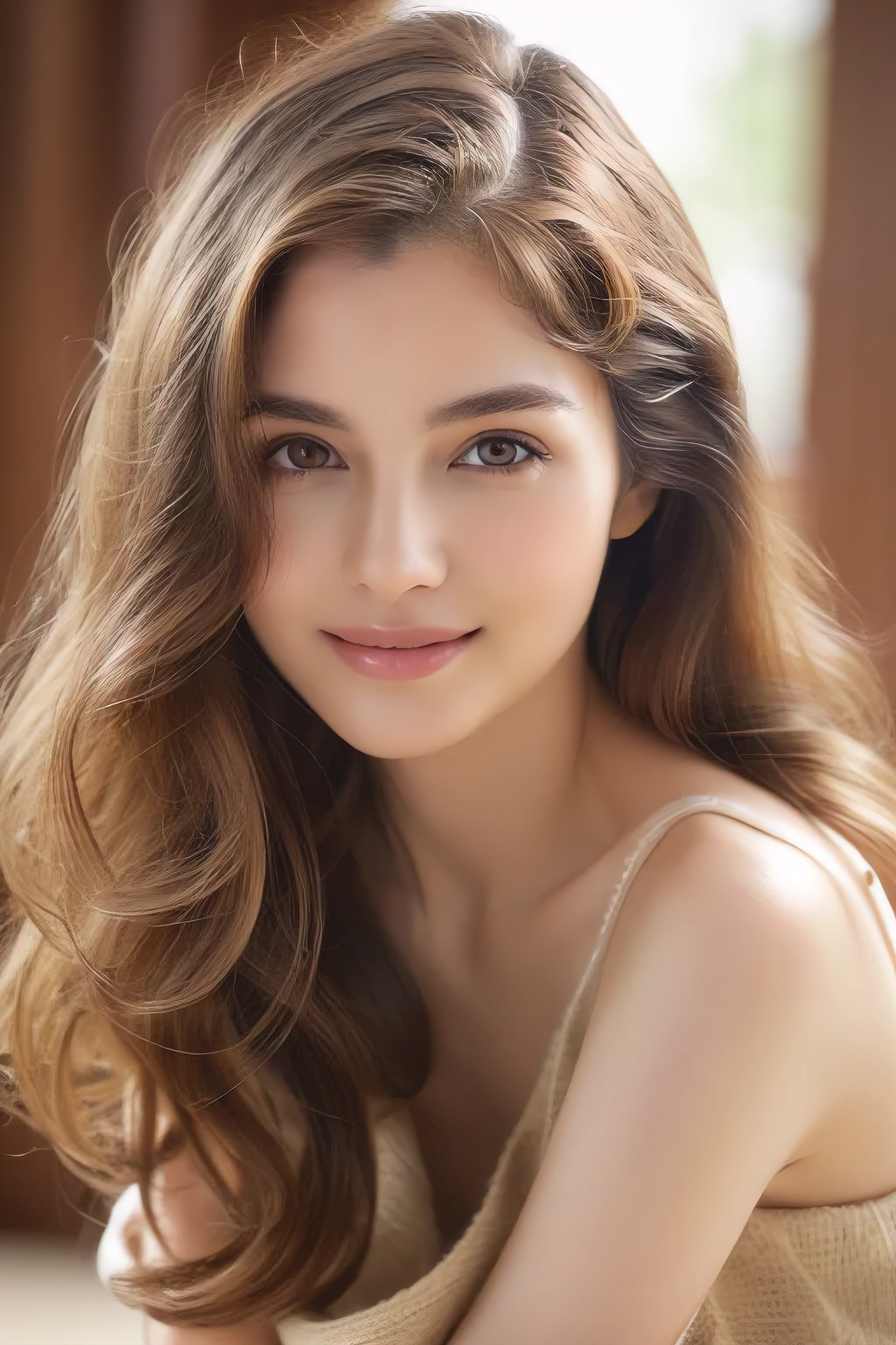 (masterpiece:1.3), high resolution, ultra detailed, extremely detailed CG unity 8k wallpaper, realistic, photo-realistic, RAW photo, beautiful detailed face, pale skin, realistic glistening skin, detailed cloth texture, detailed hair texture, Perfect body, Beautiful Face, accurate, Anatomically correct, Highly detailed face and skin texture, natural neck length, (beautiful hands), (fair skin:1.2), Thin legs, Thin feet, Detailed eyes, symmetric eyes, Light Brown eyes, Double eyelids, Thin eyebrows, (Glossy lips:1.4), ((gently smile:1.2)), (blush:1.1), (A Classy and Cute girl:1.3),fullbody shot、 ((full figure supermodel standing, entire body in frame))((Super long brown hair,Hair with loose waves inside,Hair reaching down to the waist:1.3))