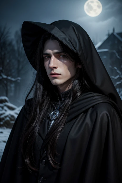 alucard, a long haired vampire, he is wearing a black vampire cloak, a portrait, he walks over the mysterious castle that is cursed, high quality image, swirly vibrant colors.