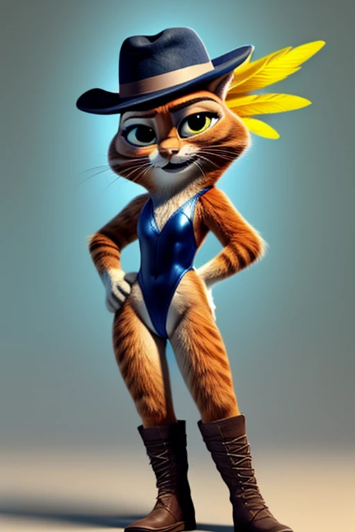 Puss in Boots, DreamWorks Animated, Leotard,((Wearing a fedora hat with a yellow feather)), 3:1 Hip to leg ratio