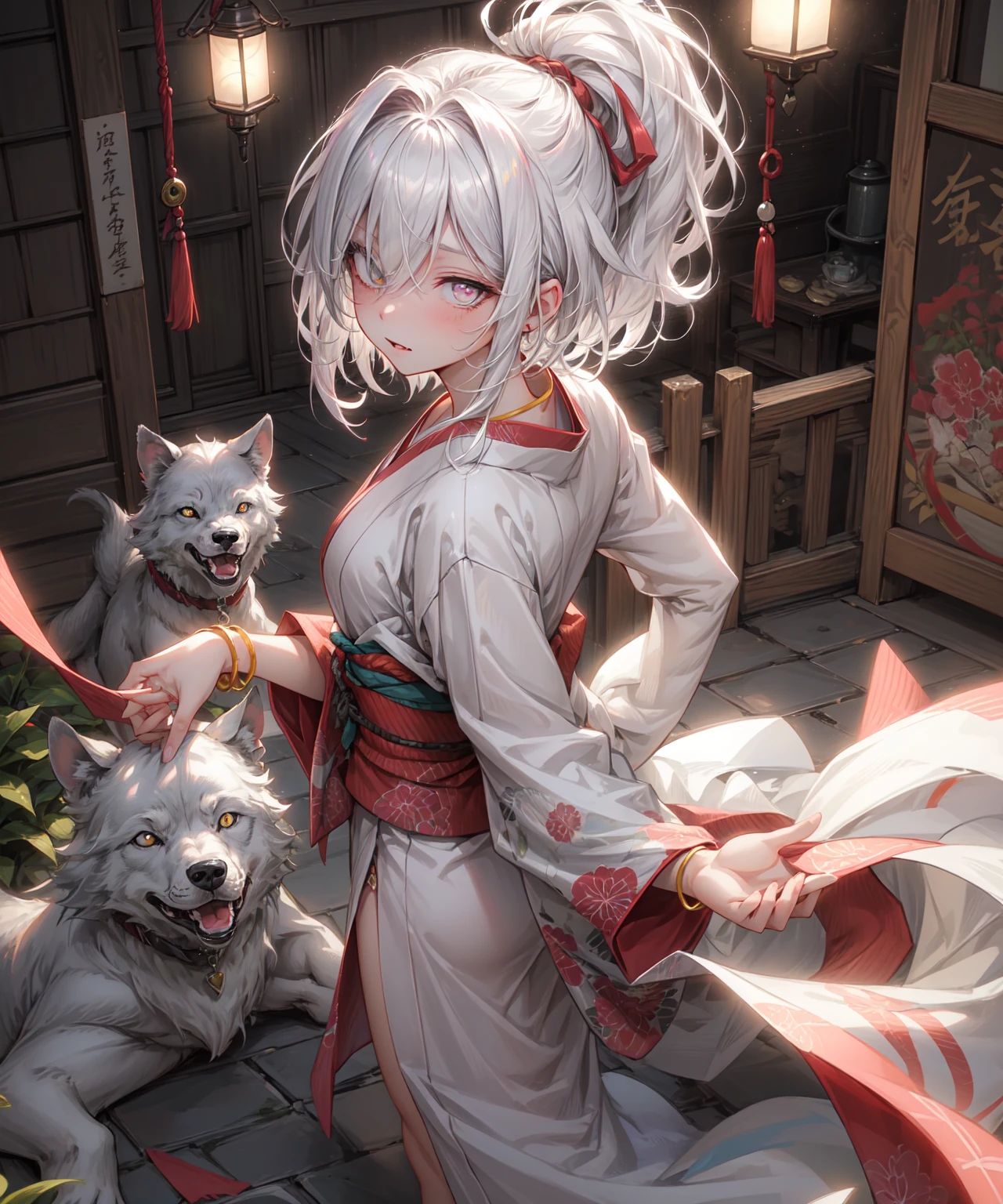 (Highest quality、High resolution、8k、masterpiece)。古き時代を感じるEdo Periodの和室。View of the garden。Look away、Open your mouth、Pink Eyes、Silver Hair、Heart shaped pupil、teeth、tongue、tongueを出す、（Original Character, (1 Girl)、Perfect Face、((short hair:1.2))、(Hair above one eye:1.3)、[[Disheveled Hair]]、Detailed eyes that shine、Light and shadow、 ((High angle shot))、Full body、bracelet、necklace、Disheveled clothes、Follow the Silver Wolf、Edo Period、kimono、turn around。Show your back。Back view。Put your hands behind your back。period drama。