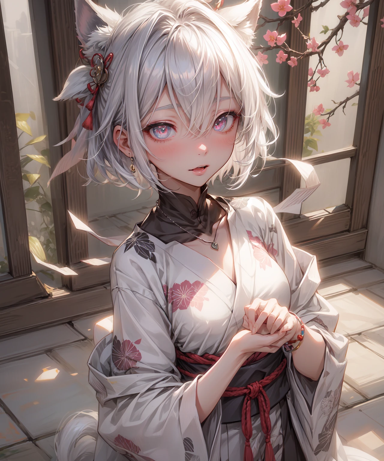 (Highest quality、High resolution、8k、masterpiece)。古き時代を感じるEdo Periodの和室。View of the garden。Look away、Open your mouth、Pink Eyes、Silver Hair、Heart shaped pupil、teeth、tongue、tongueを出す、（Original Character, (1 Girl)、Perfect Face、((short hair:1.2))、(Hair above one eye:1.3)、[[Disheveled Hair]]、Detailed eyes that shine、Light and shadow、 ((High angle shot))、Full body、bracelet、necklace、Disheveled clothes、Follow the Silver Wolf、Edo Period、kimono、turn around。Show your back。Back view。Put your hands behind your back。period drama。