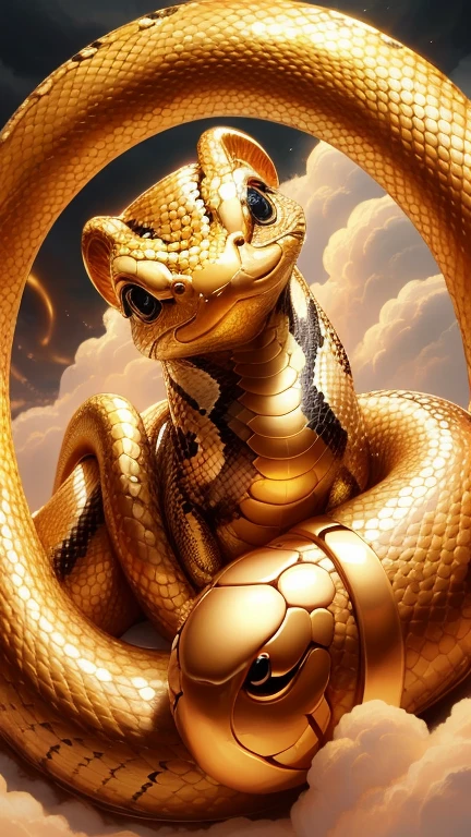 god々Cute Snake１Animals、Aura of Gold,Looking into the camera、Look at this、Background gold、Floating in the clouds