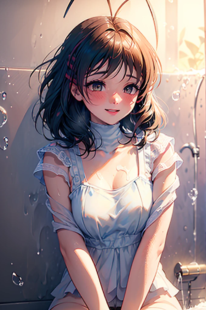 a cute wet girl in the shower, smiling, in love, detailed face, beautiful eyes, long eyelashes, detailed lips, perfect skin, wavy wet hair, steam, soap bubbles, warm lighting, pastel colors, cinematic, photorealistic, 8k, hyper detailed, nude, huge breats, red lipstick