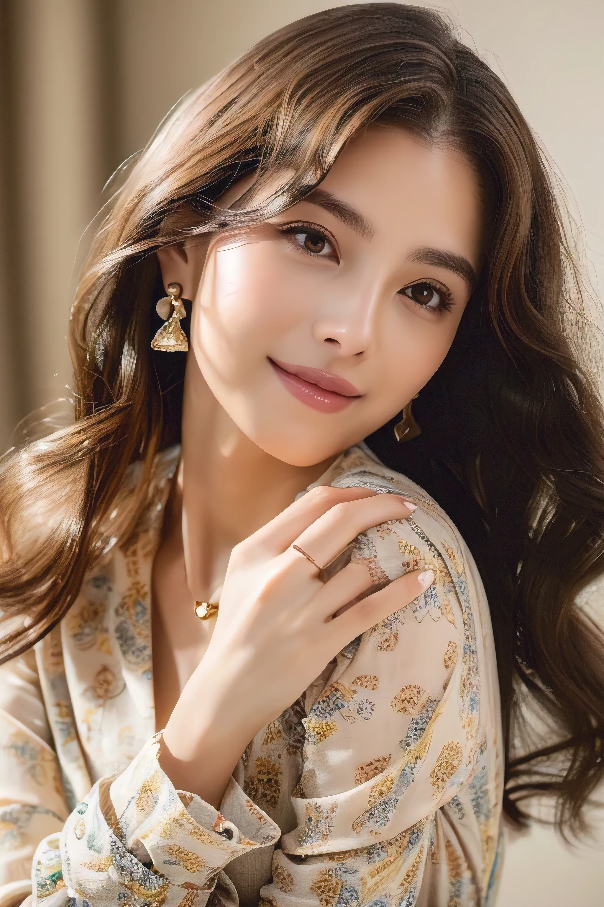 (masterpiece:1.3), high resolution, ultra detailed, extremely detailed CG unity 8k wallpaper, realistic, photo-realistic, RAW photo, beautiful detailed face, pale skin, realistic glistening skin, detailed cloth texture, detailed hair texture, Perfect body, Beautiful Face, accurate, Anatomically correct, Highly detailed face and skin texture, natural neck length, (beautiful hands), (fair skin:1.2), Thin legs, Thin feet, Detailed eyes, symmetric eyes, Light Brown eyes, Double eyelids, Thin eyebrows, (Glossy lips:1.4), ((gently smile:1.2)), (blush:1.1), (A Classy and Cute girl:1.3),fullbody shot、 ((full figure supermodel standing, entire body in frame))((Super long brown hair,Hair with loose waves inside,Hair reaching down to the waist:1.3))((abstract printed mini dresses_long sleeve_wrap dress))、gold necklace_Large earrings、((Place your left hand gently on your chin:1.3))