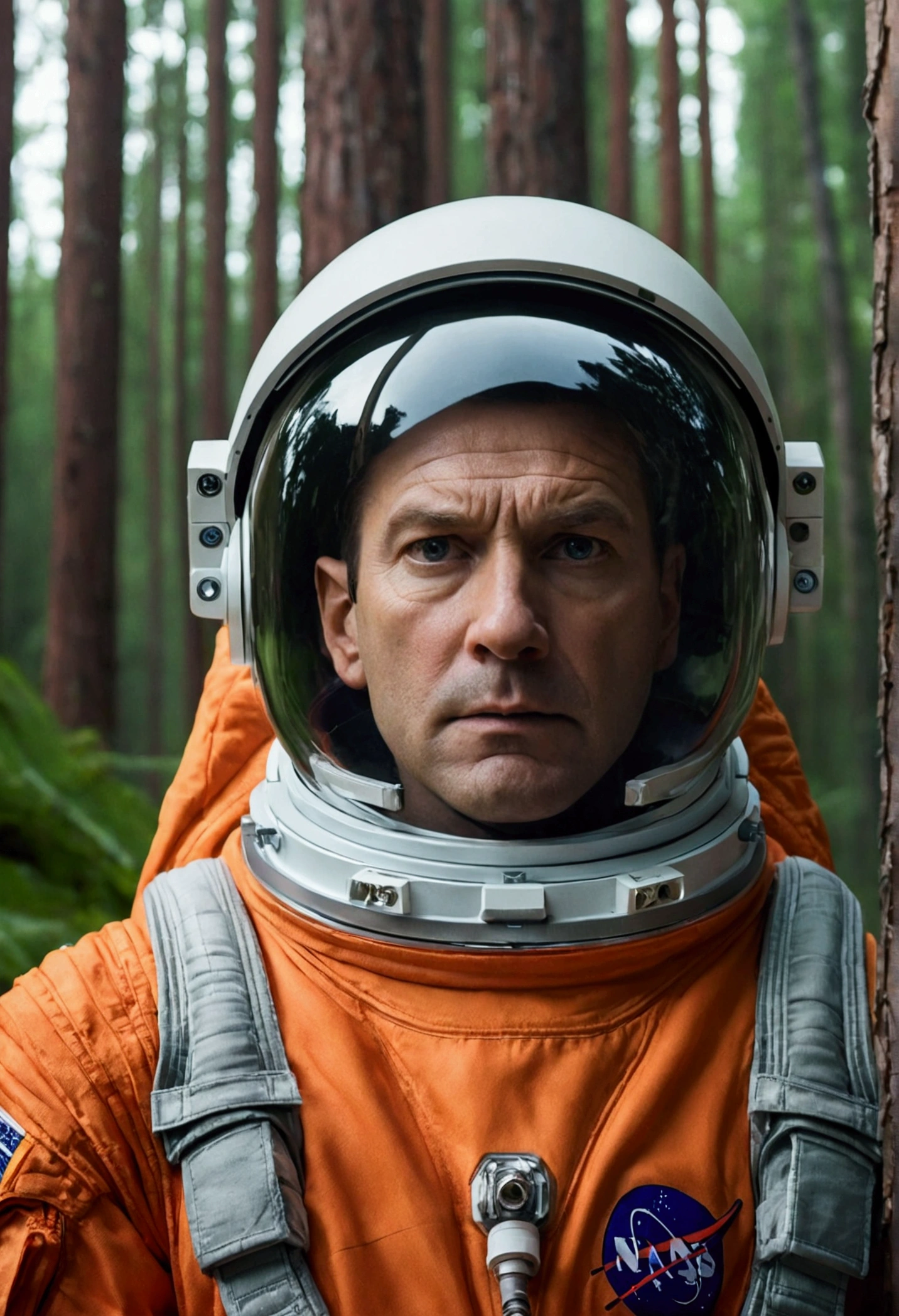 best quality, imposing, epic scene, astronaut in orange suit looking frontally close up showing face with serious expression, with a forest behind