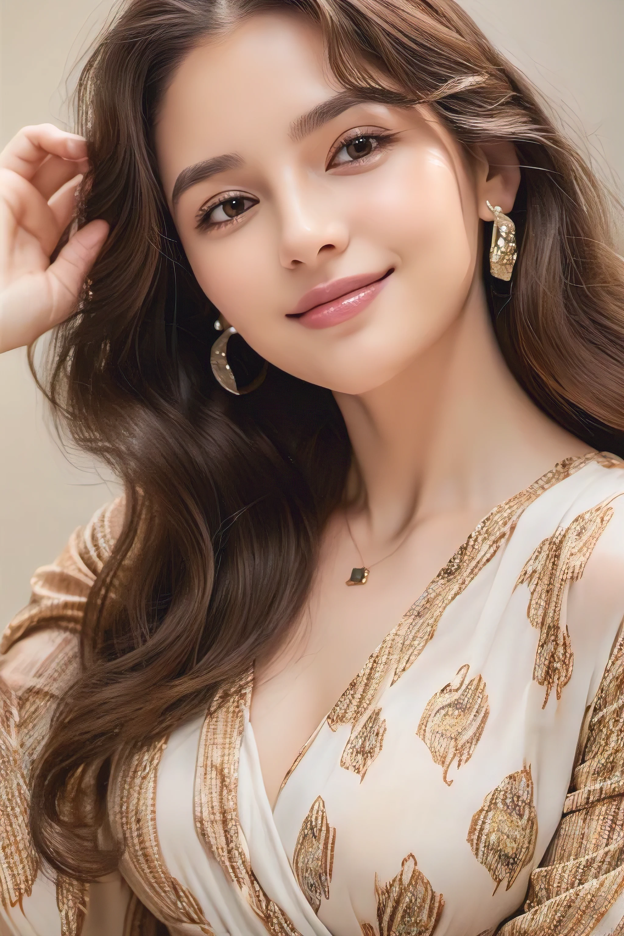 (masterpiece:1.3), high resolution, ultra detailed, extremely detailed CG unity 8k wallpaper, realistic, photo-realistic, RAW photo, beautiful detailed face, pale skin, realistic glistening skin, detailed cloth texture, detailed hair texture, Perfect body, Beautiful Face, accurate, Anatomically correct, Highly detailed face and skin texture, natural neck length, (beautiful hands), (fair skin:1.2), Thin legs, Thin feet, Detailed eyes, symmetric eyes, Light Brown eyes, Double eyelids, Thin eyebrows, (Glossy lips:1.4), ((gently smile:1.2)), (blush:1.1), (A Classy and Cute girl:1.3),fullbody shot、 ((full figure supermodel standing, entire body in frame))((Super long brown hair,Hair with loose waves inside,Hair reaching down to the waist:1.3))((abstract printed mini dresses_long sleeve_wrap dress))、gold necklace_Large earrings、((Place your left hand gently on your chin:1.3))、full body portrait