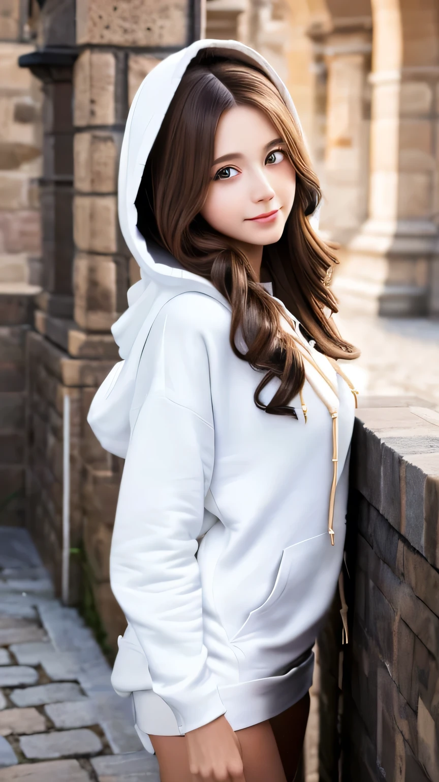 Non-NSFW、Real、Highest quality、Highest quality、masterpiece、Ultra-high resolution、RAW Photos、Real、Bright lighting、Face Light、Smooth Professional Lighting、Looking into the camera、alone、Adult women、Beautiful woman、Super Beauty、Realな肌、Moisturized Skin、Realな目と顔、Perfect model body、Beautiful Eyes、Big eyes、Inconspicuous tear bags、slim、No bra、Beautiful fingers、Very long hair、Brown Hair、Jet Black Eyes、looks happy、(Both ears are hidden by hair)、Fantasy World、Medieval Europe、(Slender Model)、Cobblestones、(white Hoodie with the front wide open:1.4),high heels、Small Ass、(Large Breasts:1.1)、(Venus' Nipples:1.1)、Königsreuter、Sexy Random Poses、(standing:1.2)、(From above:1.5)