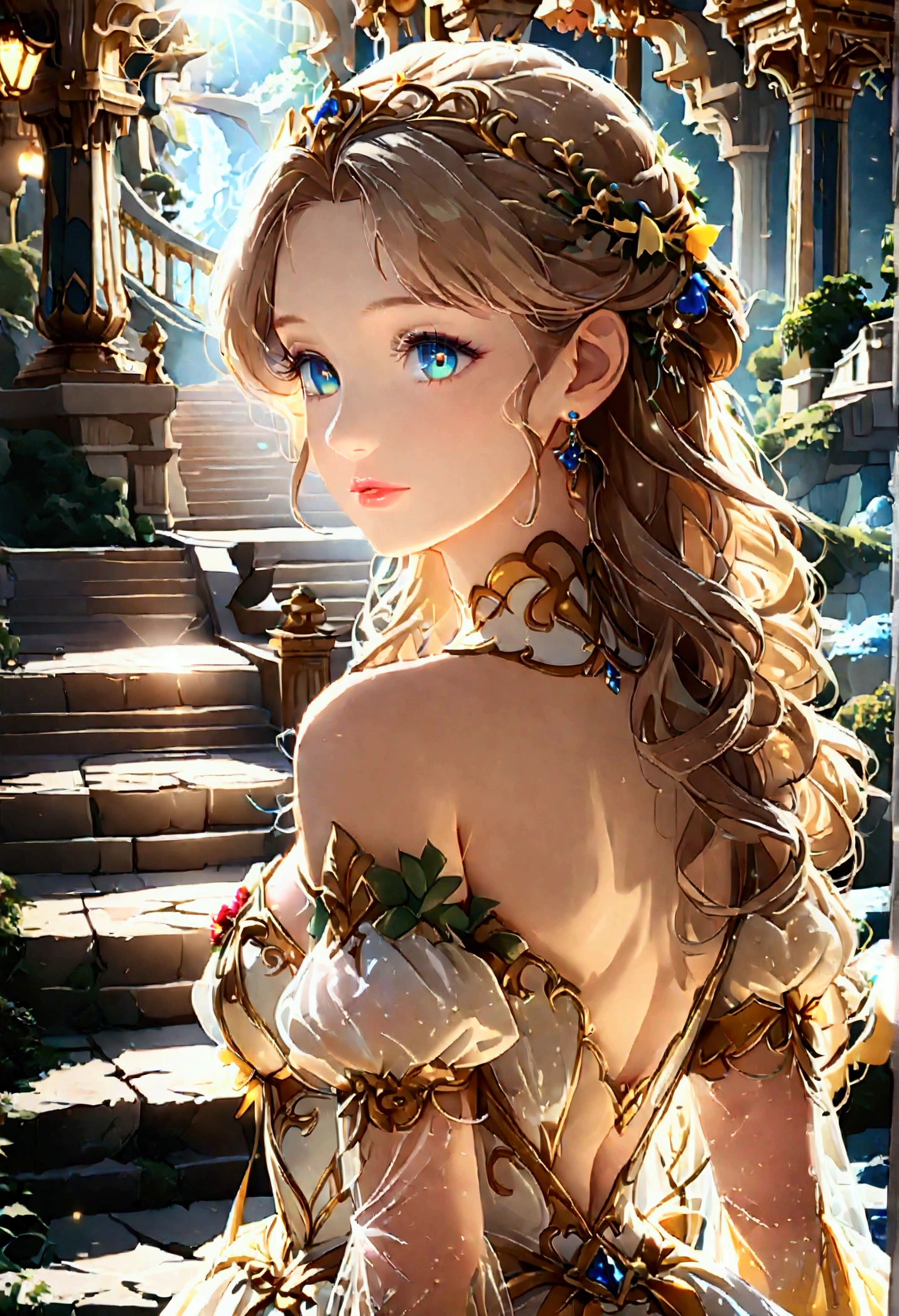 Animation, (1 girl: 1.3, Belle from Beauty and the Beast_Beautiful appearance, Delicate dress description: 1.3), Body made of light, Close-up upper body view from the front angle, Best quality, Highly detailed photo, Best quality, Ultra high resolution, Sunlight, Full body portrait, Delicate face, Lively delicate eyes, (Front), Fluorescent white and gold, Detailed face, Detailed complex background standing on the steps of the magnificent palace, Very cool, 8K Ultra HD, SLR camera, High quality, White skin, Photorealism, Transparent light particles,