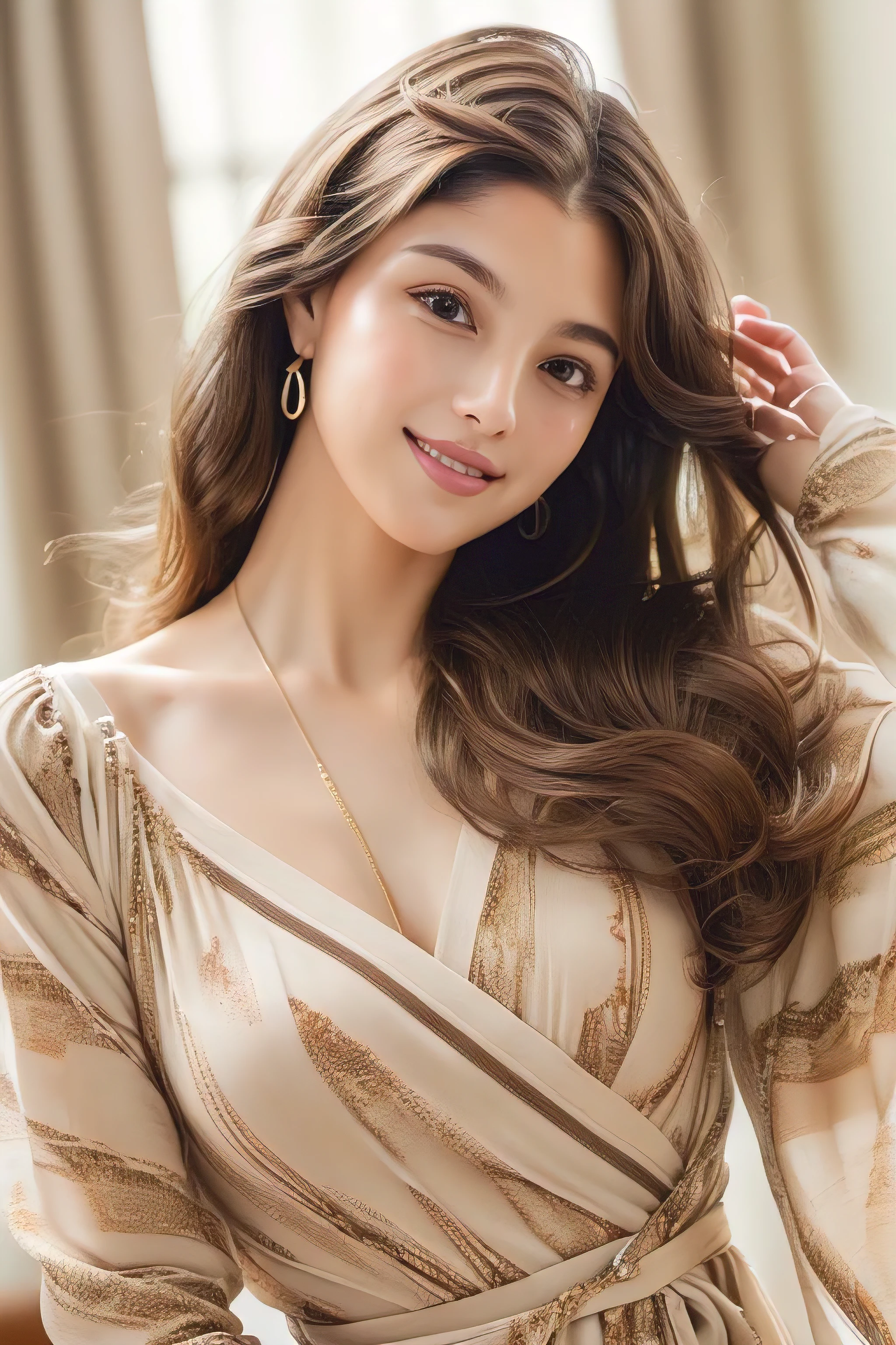 (masterpiece:1.3), high resolution, ultra detailed, extremely detailed CG unity 8k wallpaper, realistic, photo-realistic, RAW photo, beautiful detailed face, pale skin, realistic glistening skin, detailed cloth texture, detailed hair texture, Perfect body, Beautiful Face, accurate, Anatomically correct, Highly detailed face and skin texture, natural neck length, (beautiful hands), (fair skin:1.2), Thin legs, Thin feet, Detailed eyes, symmetric eyes, Light Brown eyes, Double eyelids, Thin eyebrows, (Glossy lips:1.4), ((gently smile:1.2)), (blush:1.1), (A Classy and Cute girl:1.3),fullbody shot、 ((full figure supermodel standing, entire body in frame))((Super long brown hair,Hair with loose waves inside,Hair reaching down to the waist:1.3))((abstract printed mini dresses_long sleeve_wrap dress))、gold necklace＿Large earrings、((Place your left hand gently on your chin:1.3))、full body portrait