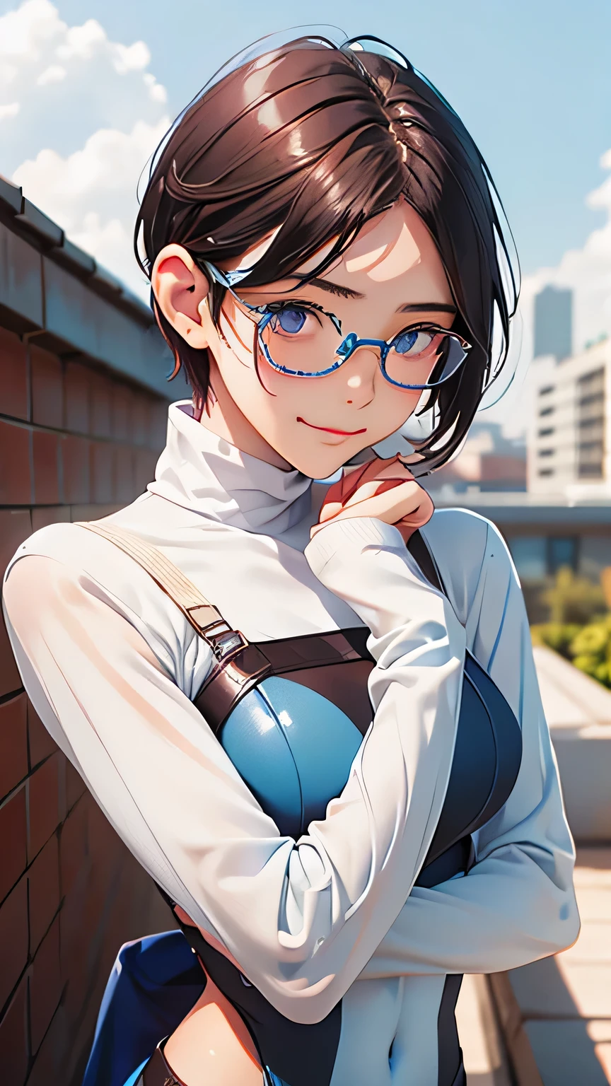 highest quality、Realistic、Women、zoom、Light blue eyes、maroon short hair、freckles、Hero Suit、Glossy white bodysuit、Blue and silver accents、slender、Dark Skin、Glasses、Rooftop、An inappropriate smile、Bust Shot、
