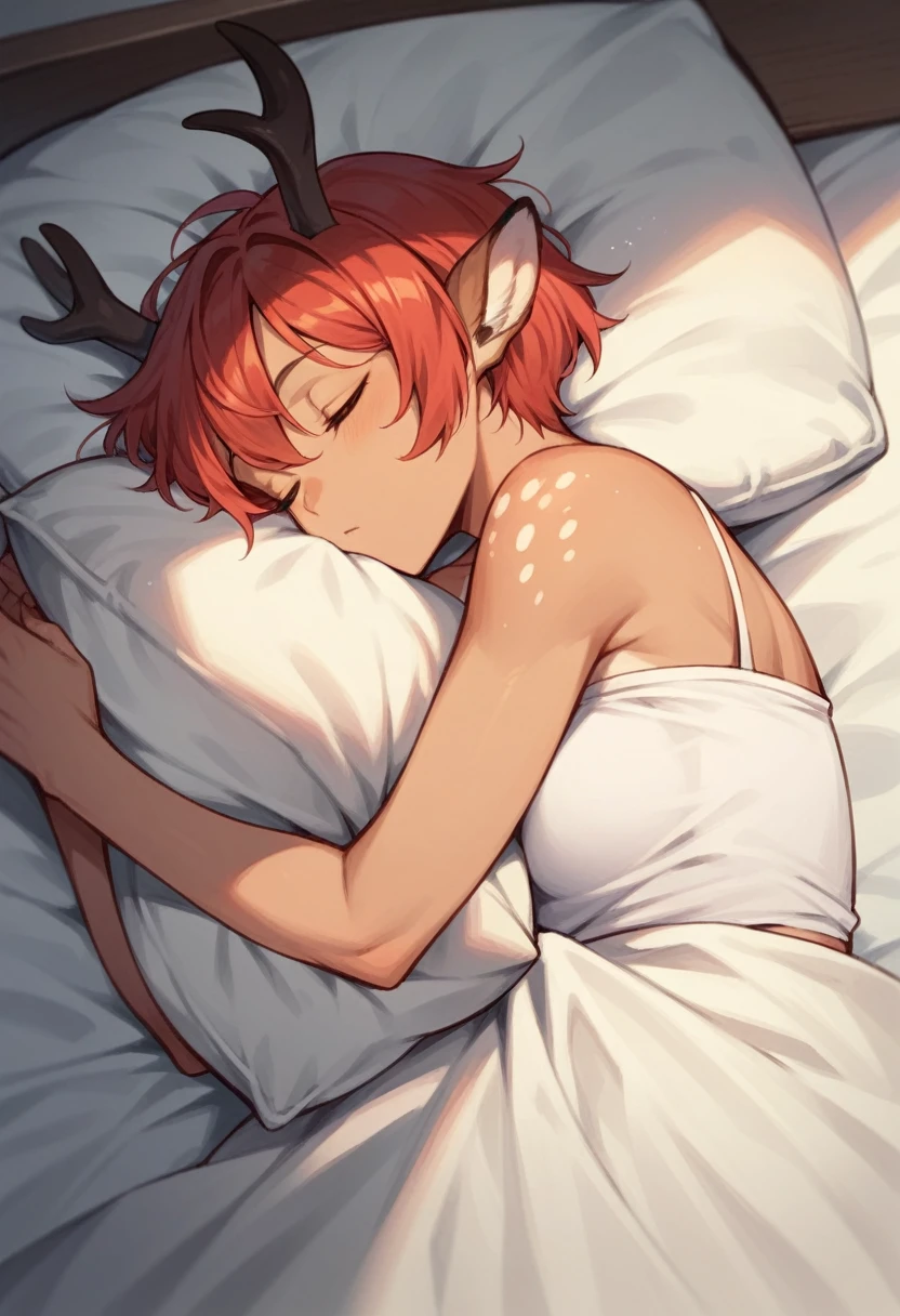Woman, short red hair, deer horns, sleeping, hugging her pillow