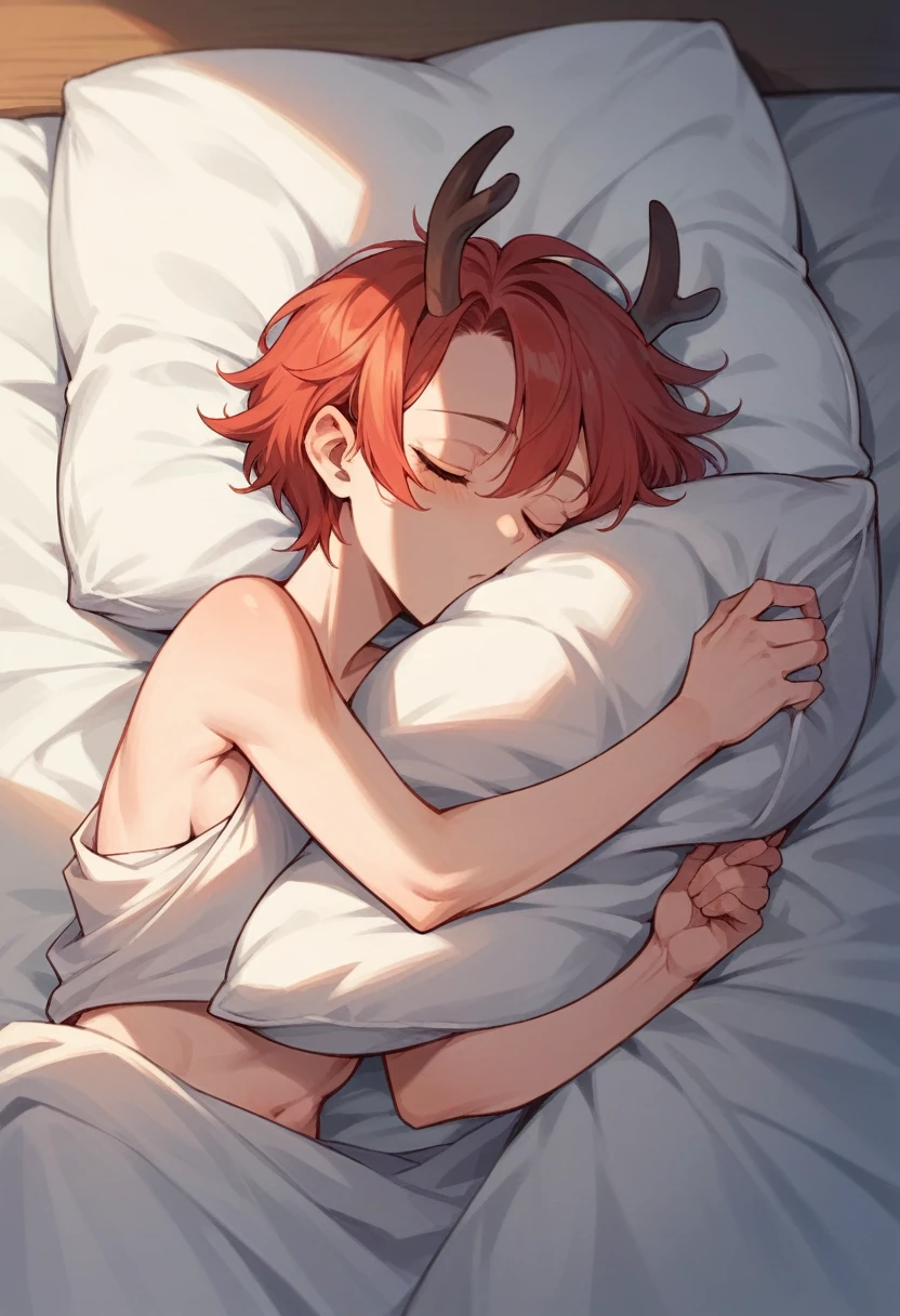 Woman, short red hair, deer horns, sleeping, hugging her pillow