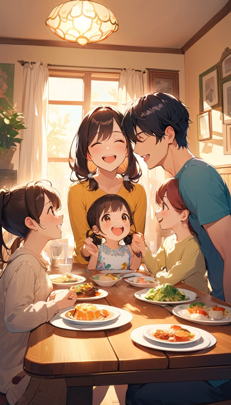 A detailed illustration of a young couple in their 20s with their 5-year-old daughter, enjoying a meal together indoors. They are seated at a dining table, laughing and looking at each other with expressions of joy and love. The mother has long, flowing brown hair and is wearing a light-colored top. The father has short, neatly groomed black hair and is dressed in casual but stylish clothing. The has adorable pigtails and is wearing a colorful, cheerful dress. The dining room has warm, ambient lighting, creating a cozy and inviting atmosphere. The table is set with an inviting array of food. The background depicts a well-furnished, cozy dining room that enhances the intimate and joyful family moment. Emphasize the warm and loving interaction between the family members, capturing their genuine laughter and happiness.