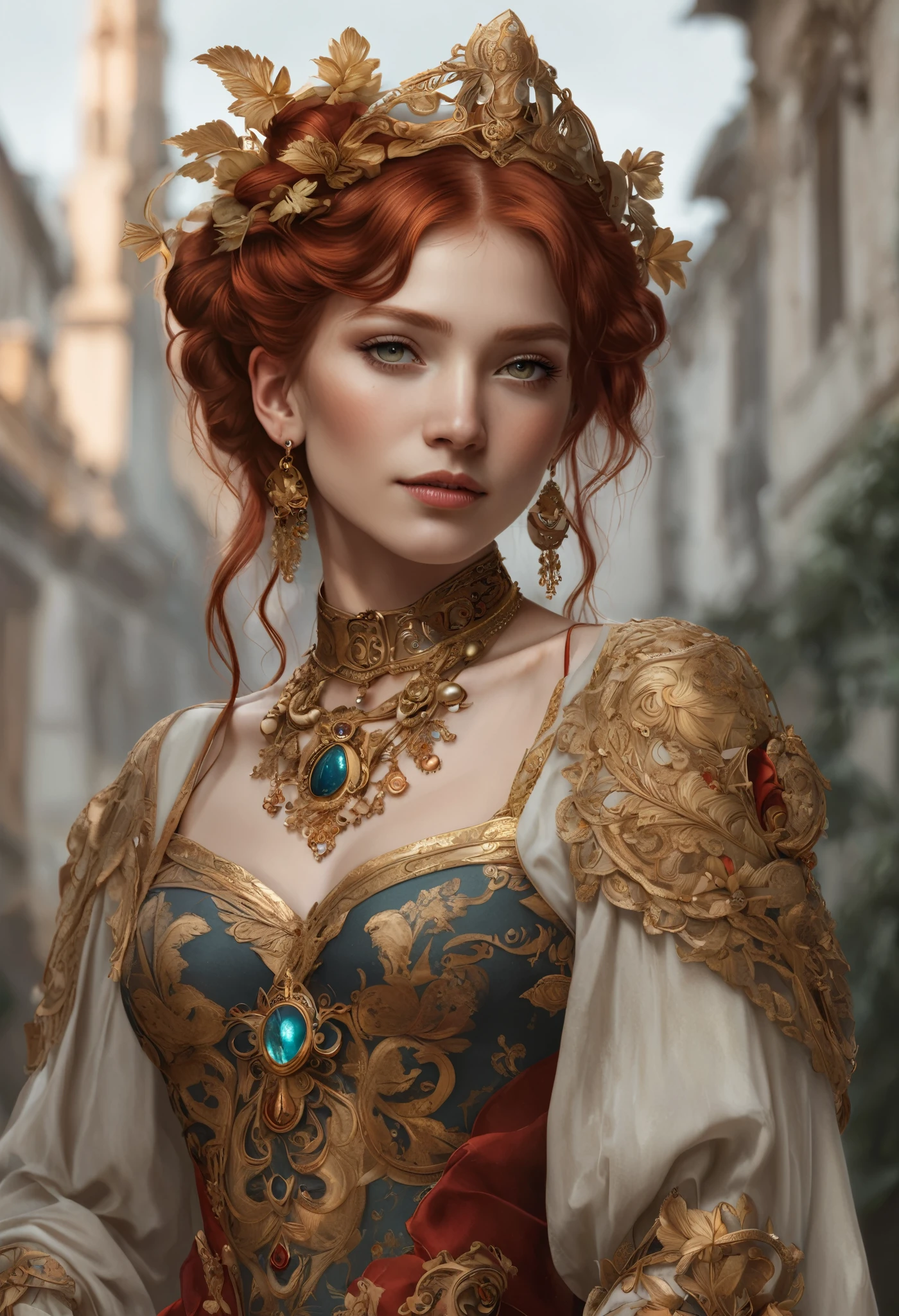 (8k 16k, RAW photo, best quality, master:1.2), (realistic, photo-realistic:1.37), ultra detailed, 1girl,solo, upper body, red hair, big gold eyes, realistic, looking at viewer, happy, smile, masterpiece, realistic photography, by Alphonse Mucha, by Wlop, ), (Exaggerated Perspectives), f/ 2.8, (Surrealist Style), Visionary Art, (Trending on artstation) intricate outfit, intricate jewelry, necklace, large earrings, full body, victorian boots,