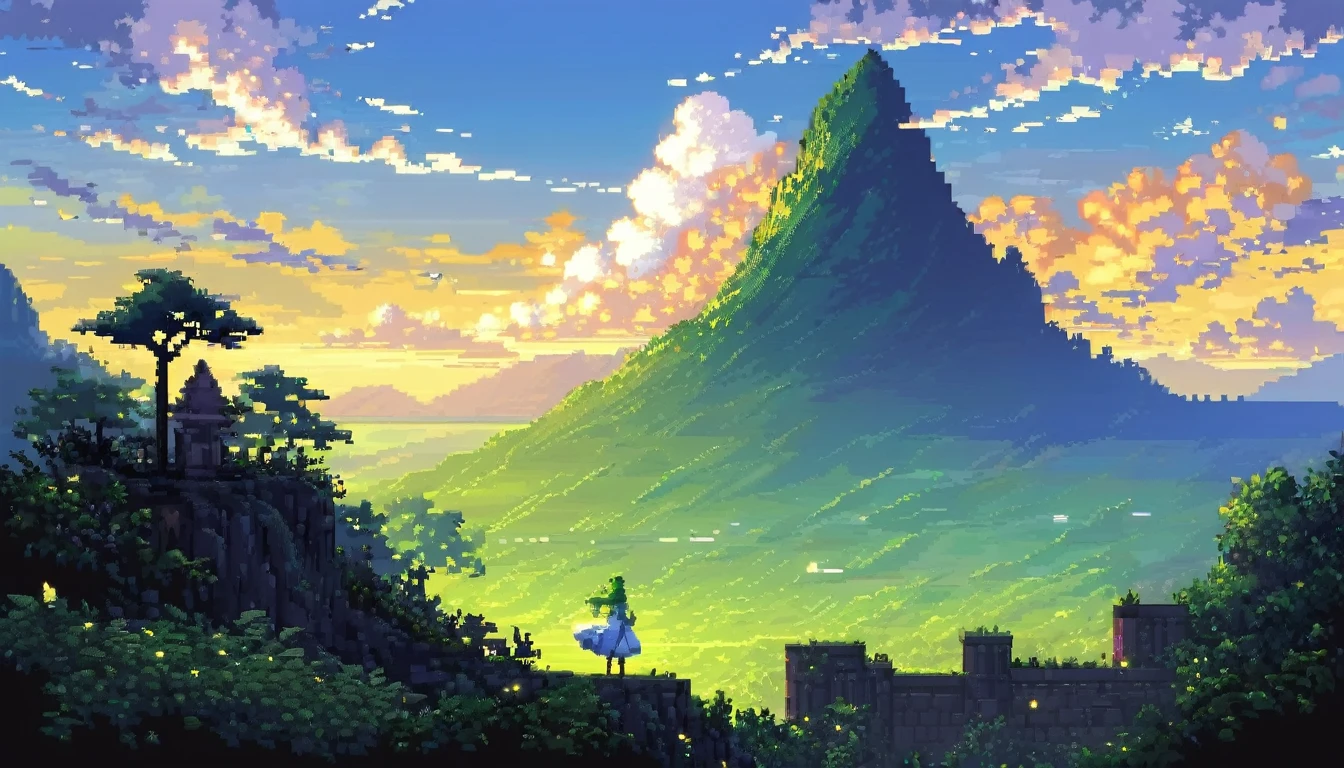 Pixel Art, Beautiful Landscape, Beautiful Clouds, One girl, Distant silhouette, White Dress, Long, light green, wavy, gradient hair, Metal ram horn, Ahoge leaves,