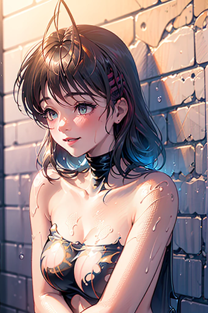 a cute wet girl in the shower, smiling, in love, detailed face, beautiful eyes, long eyelashes, detailed lips, perfect skin, wavy wet hair, steam, soap bubbles, warm lighting, pastel colors, cinematic, photorealistic, 8k, hyper detailed, nude, huge breats, red lipstick, naked