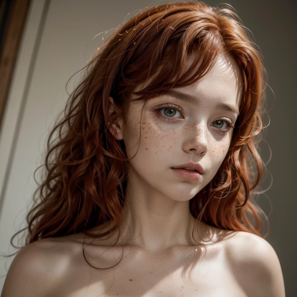 Renaissance portrait of a woman with messy curly red hair, with freckles