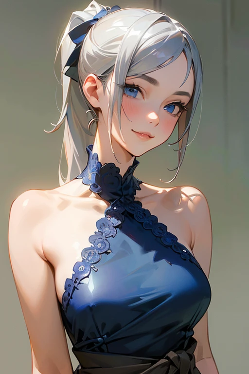 (masterpiece: 1.2, Highest quality), (Actual Photos, Intricate details), 1. woman, alone, Upper Body, casual, Shoulder-length hair, Minimal makeup, Natural materials, Face close-up, smile, Home, Gray Hair, blue eyes, Shoulder Bare、ponytail、(Swimwear)、(From the waist up).(Platinum decoration)、