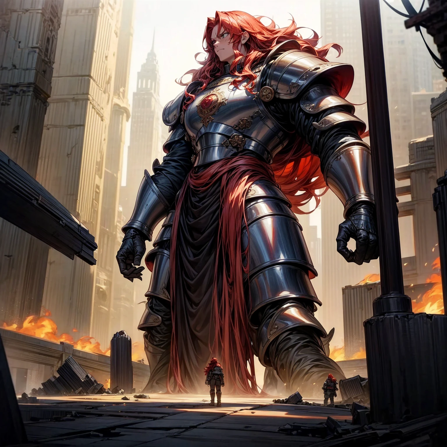 view of the royal city with a giant in the middle, giant in the middle of the city, destroyed city, fire city, The giant had long curly red hair, was wearing iron armor and boots, Very angry giant, very tall, 100 feet tall, (one piece style art), lighting, motion blur, ultra detailed, hd