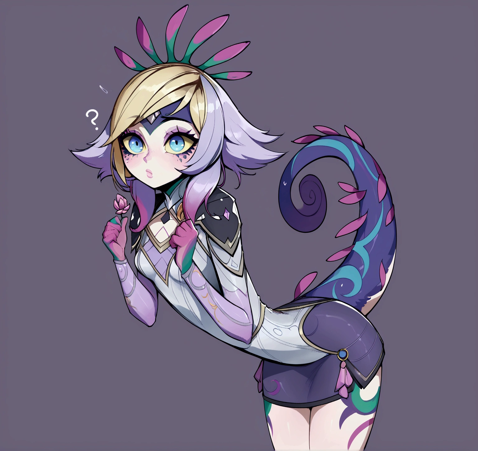 Neeko, score_9, score_8_up, score_7_up, score_6_up, score_5_up, score_4_up, BREAK 1girl, blonde hair, loose hair, swept bangs, blue eyes, long eyelashes, confused expression, bent over, blunt bangs, short, BREAK solo, small breasts, skinny, arched back, thigh gap, princess outfit, BREAK (snowy background:1.2), simple background, innocent, lovely, adorable,
