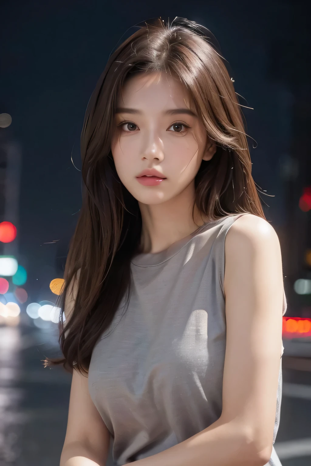 (best quality, high resolution, masterpiece :1.3), A beautiful woman, fit, Dark brown hair, t-shirt, (City streets at night), Highly detailed face and skin texture, Exquisite eyes, Double eyelids
