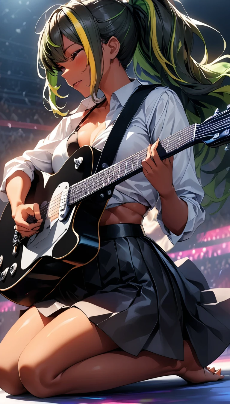 (highest quality:1.2, Very detailed, up to date, Vibrant, Ultra-high resolution, High Contrast, masterpiece:1.2, highest quality, Best aesthetics), Portraiture、girl、stage、performance、Rock Music、Bright colors、Beautiful fine details、Beautiful lip detail、long hair、ponytail, white and yellow green ((streaked hair:1.6)), highlights hair: 1.5, medium breast, (tan skin:1.1), Music band、((playing the guitar:1.5), kneeling, arched back:1.8)), (leaning back:1.4), (right hand up:1), dynamic pose、Concert Light、Edgy Style、(black Skirt-style-bikini:1.4)、loose fit, Dynamic Movement、hypnotic sounds、Stadium、amplifier、Loud music、Electric guiter、Gibson Les-Paul, The presence of an attractive stage、 Expressive gestures、Rock star aura、An exciting atmosphere、An unforgettable show, (cowboy shot)